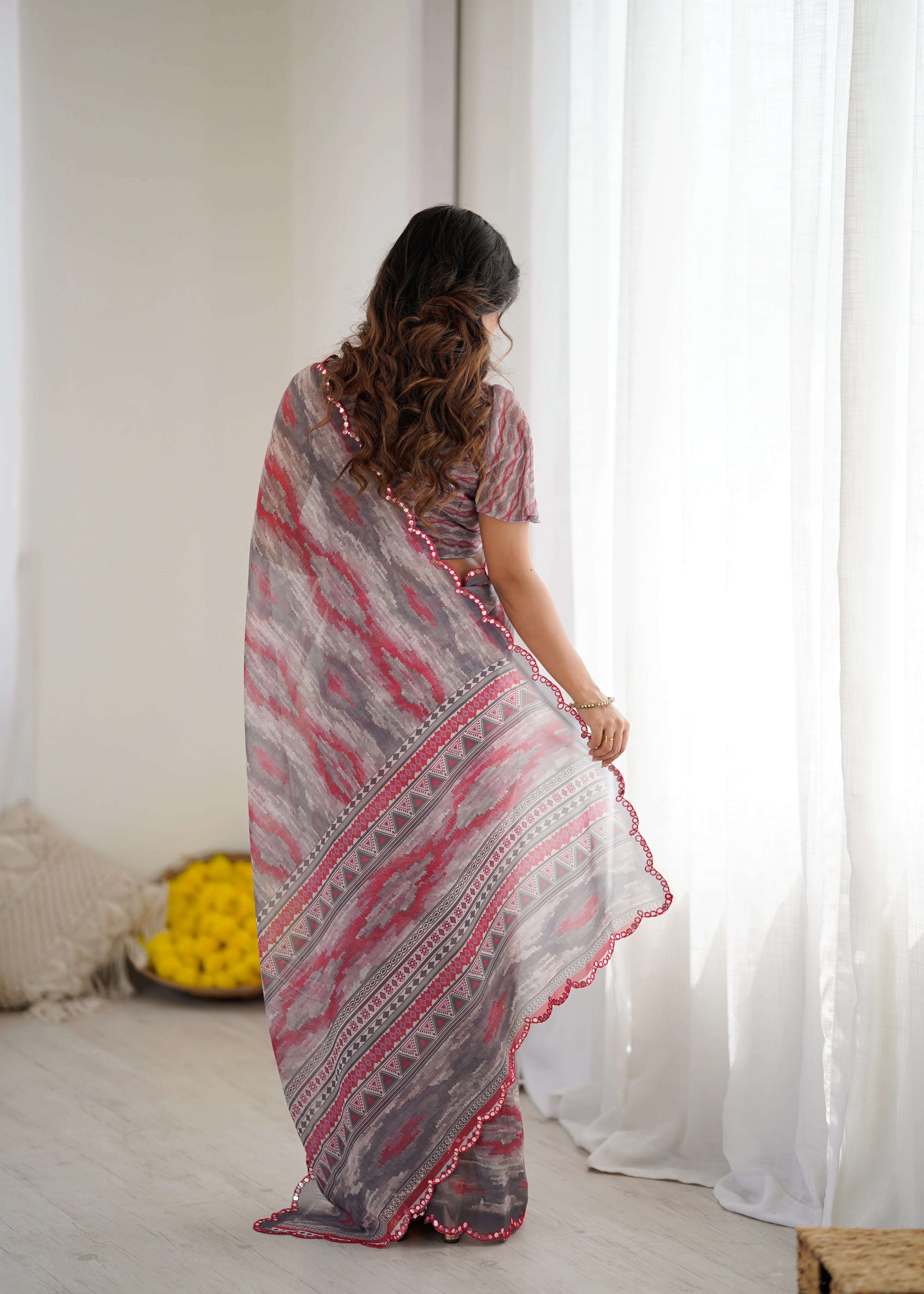 SHYAMIKA Grey Digital Printed Georgette Saree with Mirror Work & Blouse