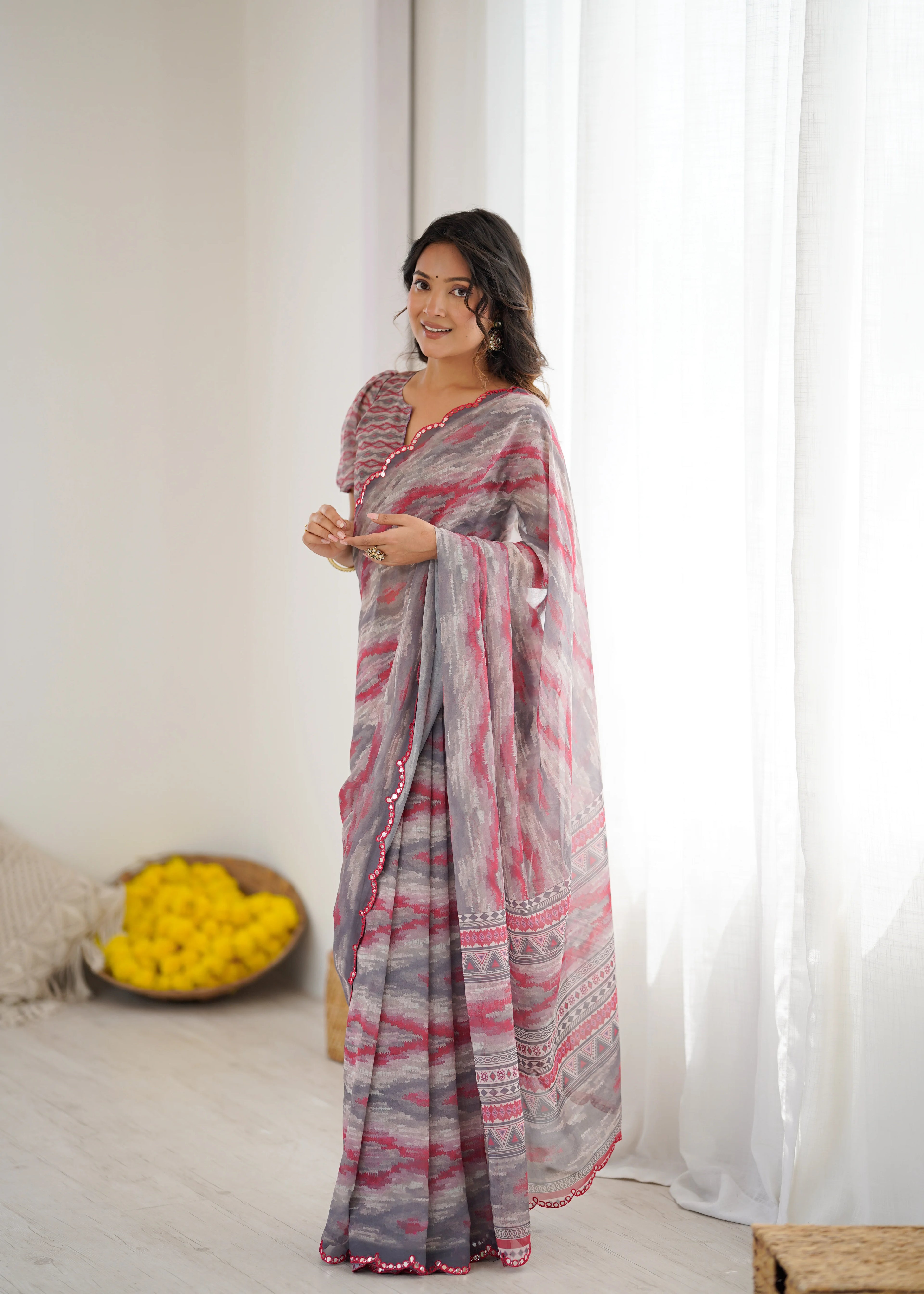 SHYAMIKA Grey Digital Printed Georgette Saree with Mirror Work & Blouse