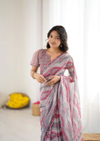 SHYAMIKA Grey Digital Printed Georgette Saree with Mirror Work & Blouse