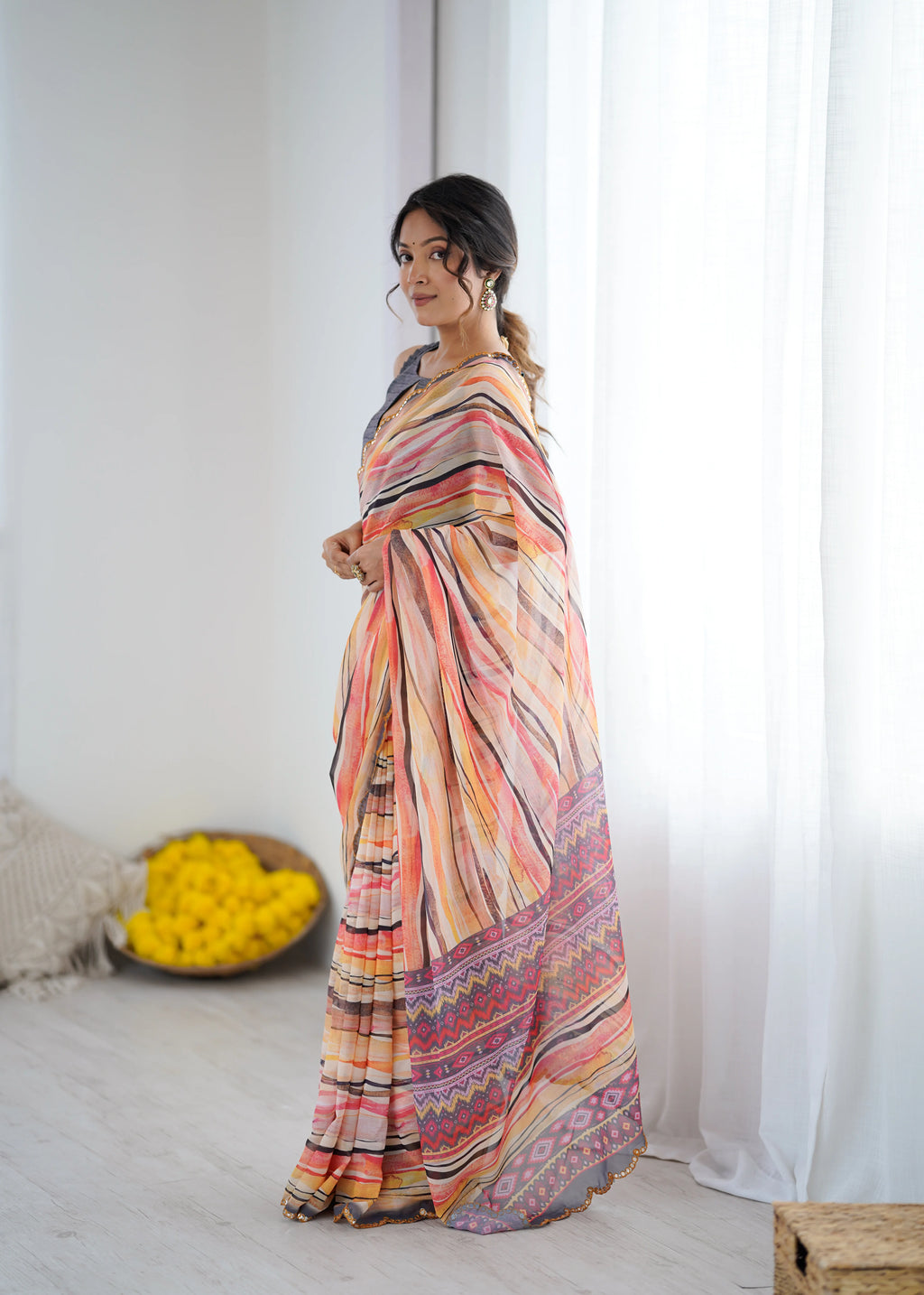SHYAMIKA Orange Digital Printed Georgette Saree with Mirror Work & Blouse
