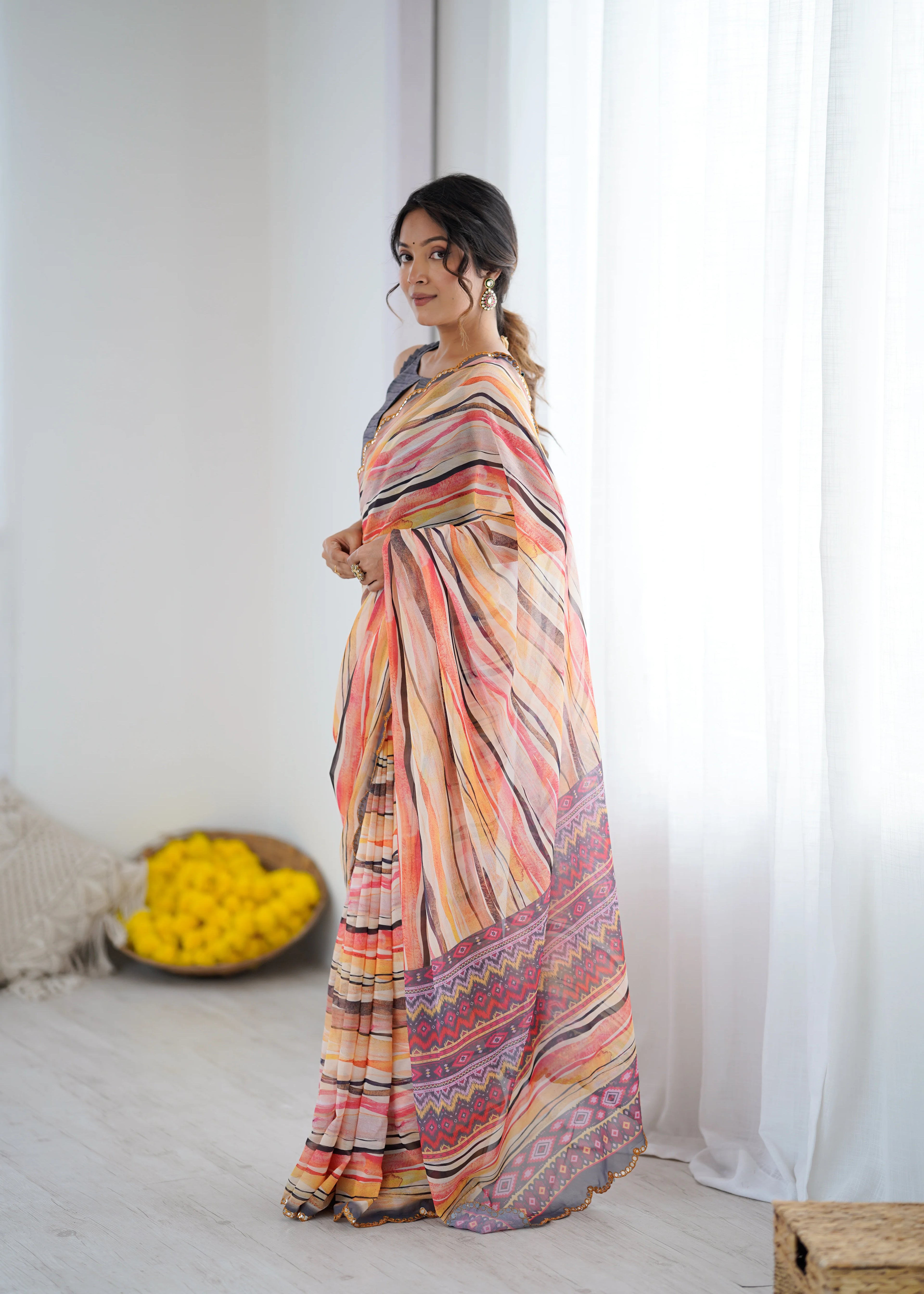 SHYAMIKA Orange Digital Printed Georgette Saree with Mirror Work & Blouse