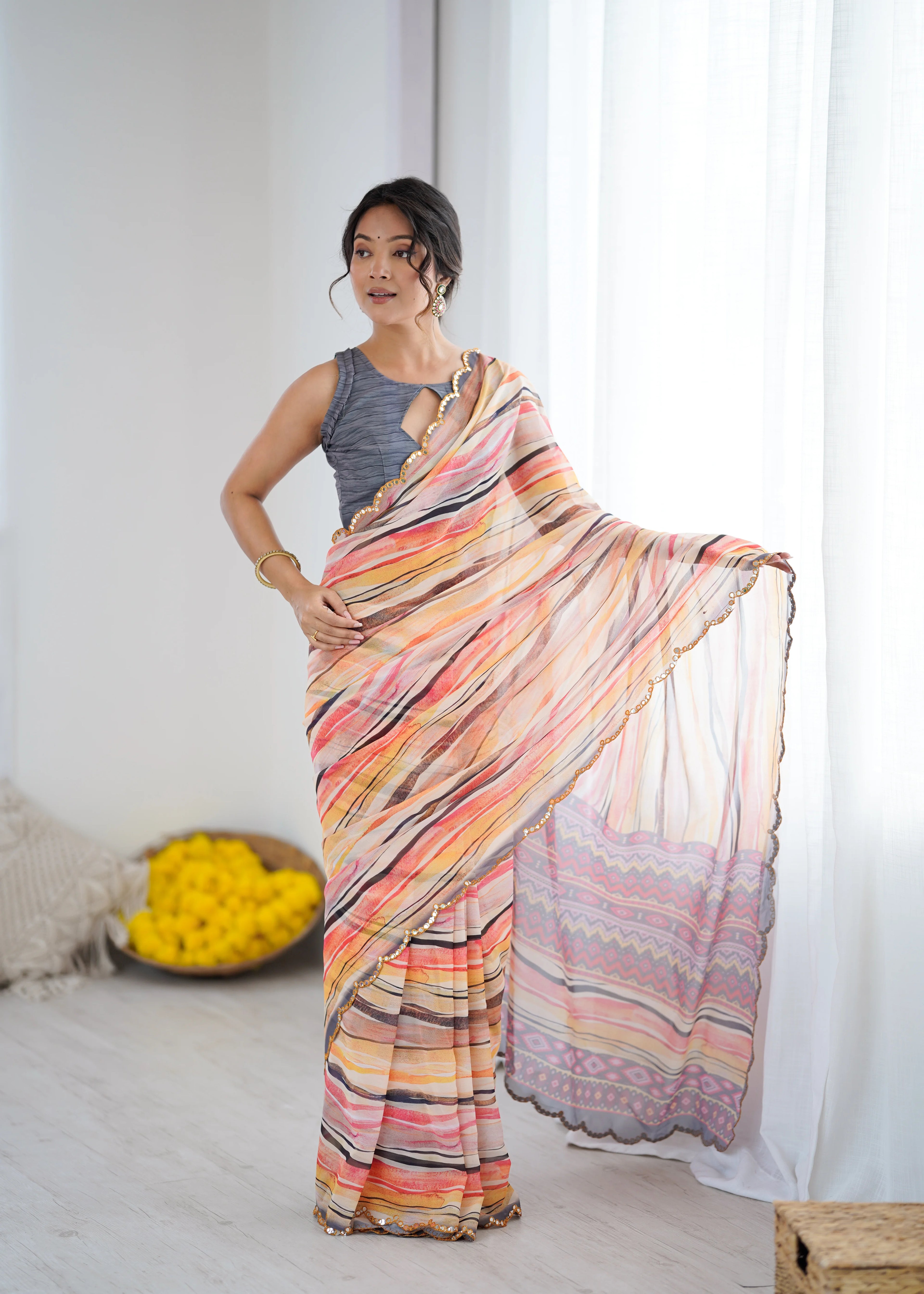 SHYAMIKA Orange Digital Printed Georgette Saree with Mirror Work & Blouse