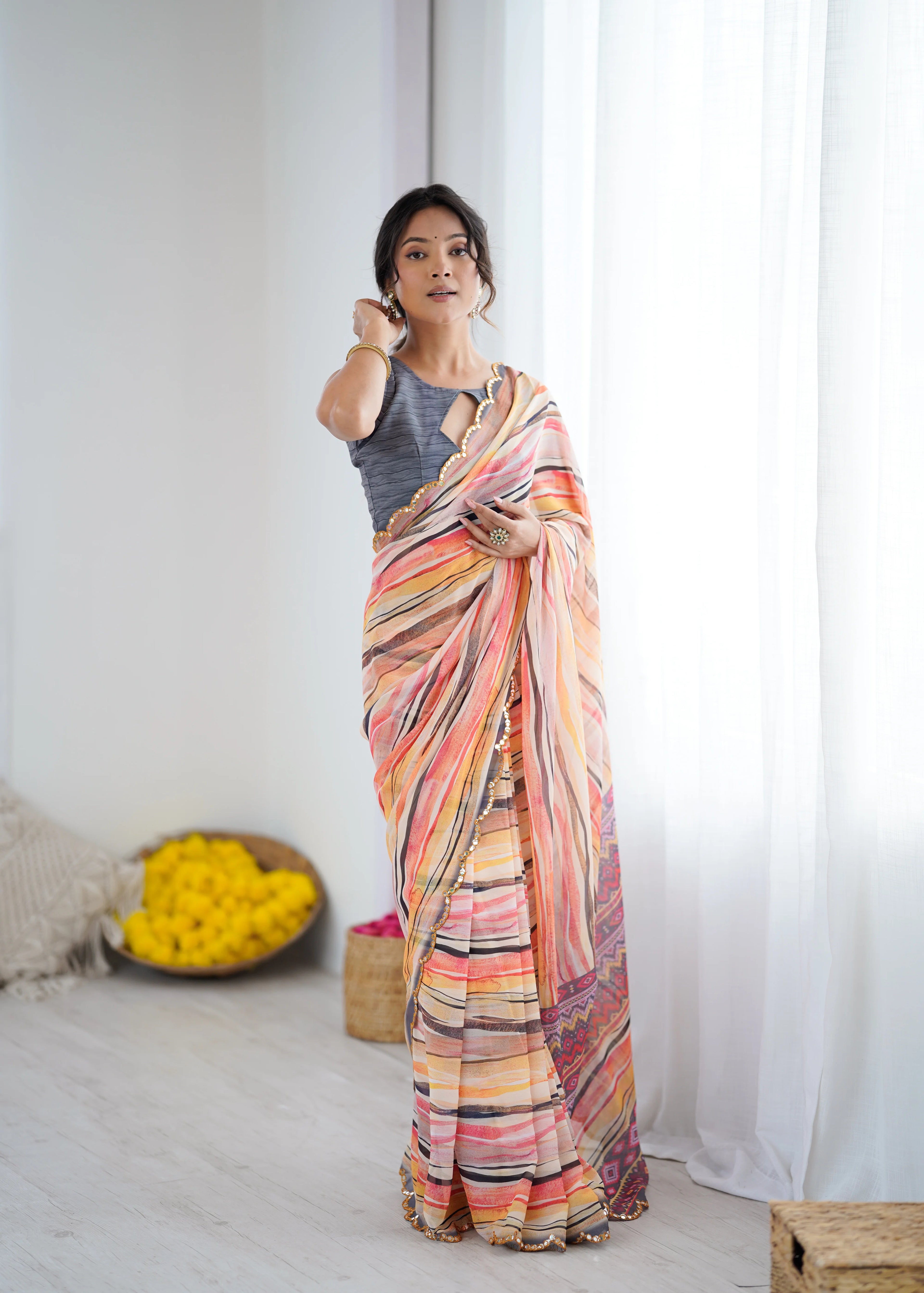 SHYAMIKA Orange Digital Printed Georgette Saree with Mirror Work & Blouse