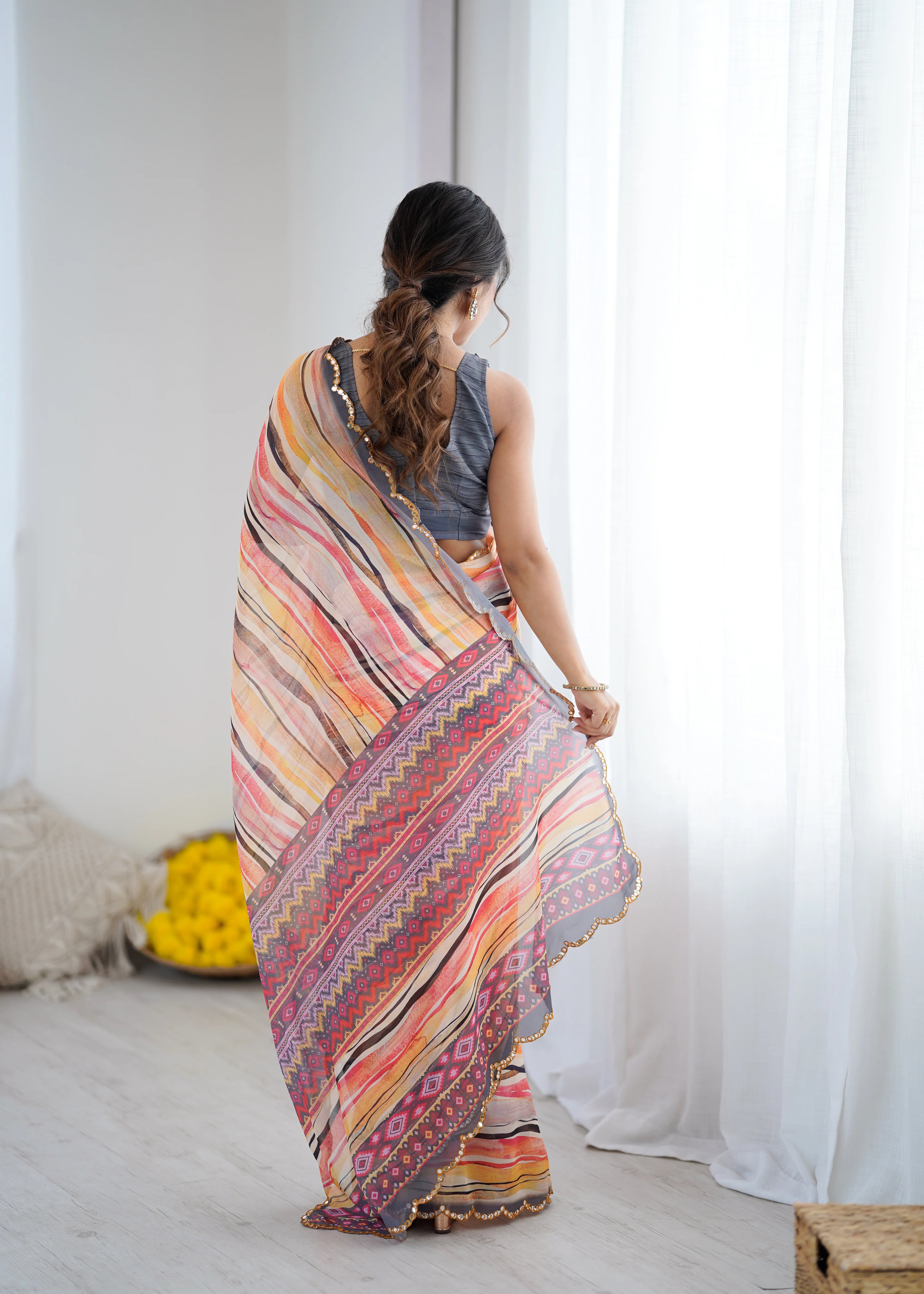 SHYAMIKA Orange Digital Printed Georgette Saree with Mirror Work & Blouse