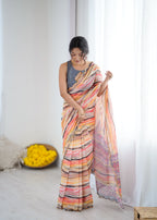 SHYAMIKA Orange Digital Printed Georgette Saree with Mirror Work & Blouse