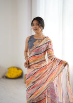 SHYAMIKA Orange Digital Printed Georgette Saree with Mirror Work & Blouse