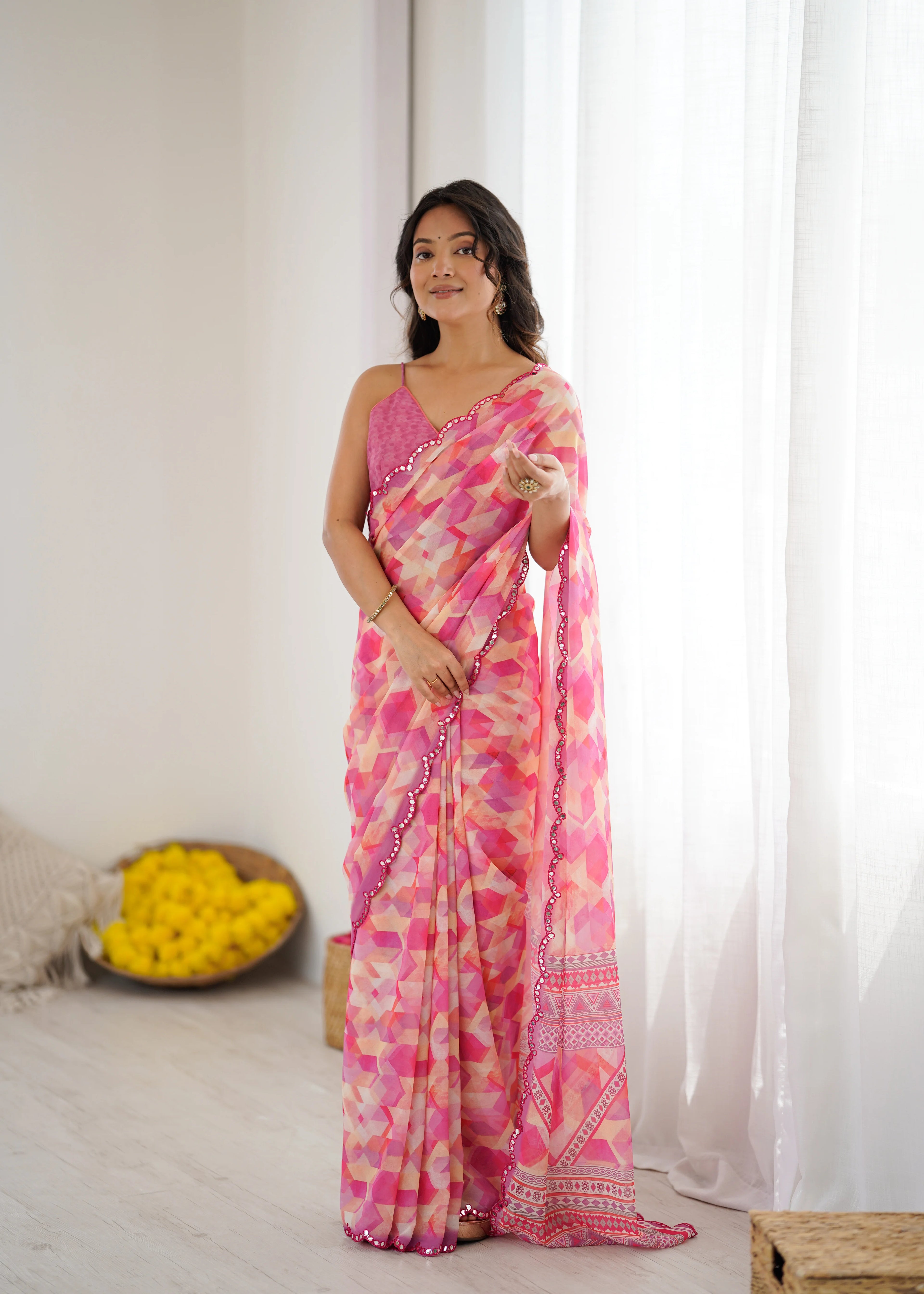 SHYAMIKA Pink Digital Printed Georgette Saree with Mirror Work & Blouse