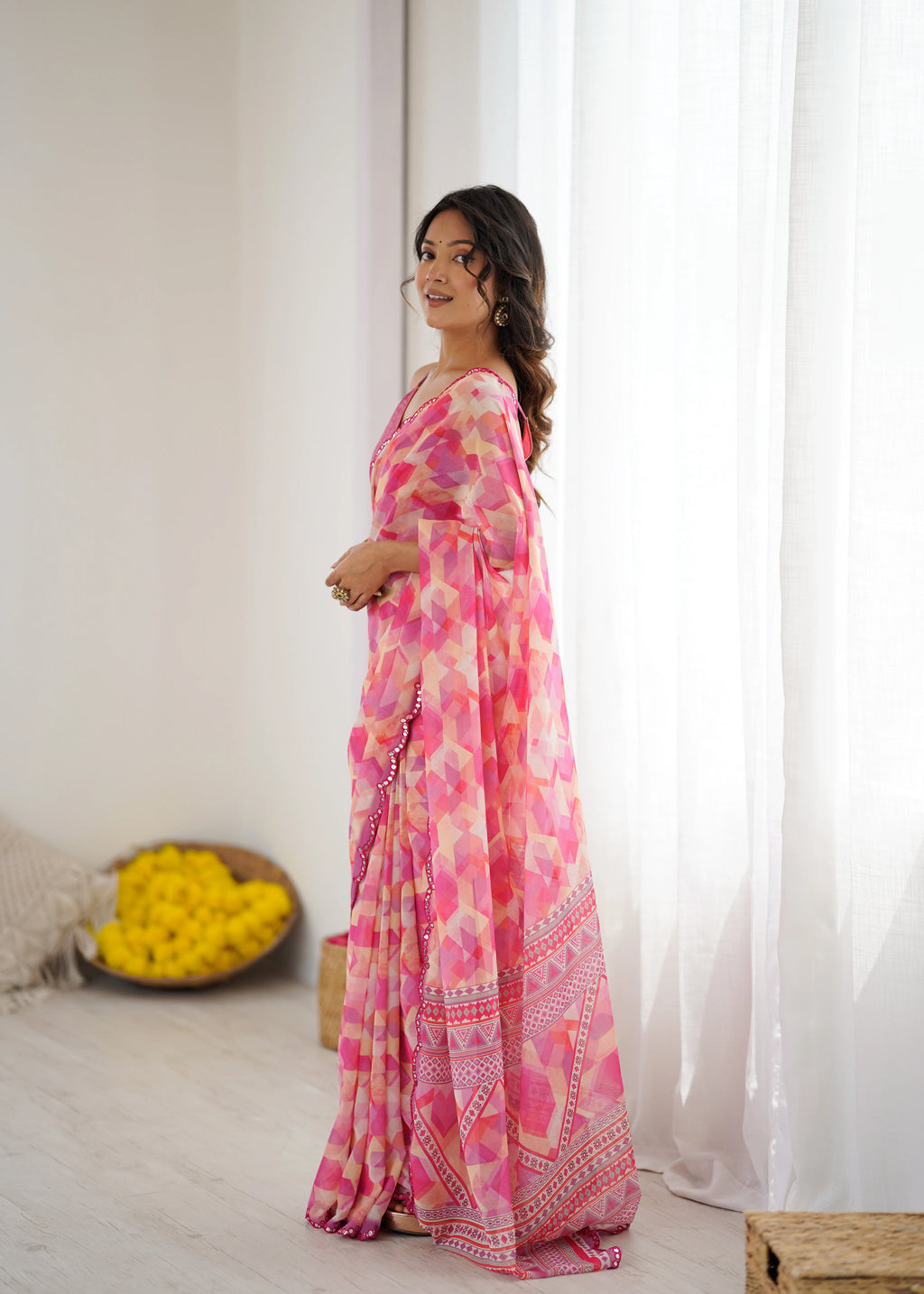 SHYAMIKA Pink Digital Printed Georgette Saree with Mirror Work & Blouse