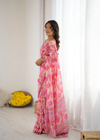 SHYAMIKA Pink Digital Printed Georgette Saree with Mirror Work & Blouse