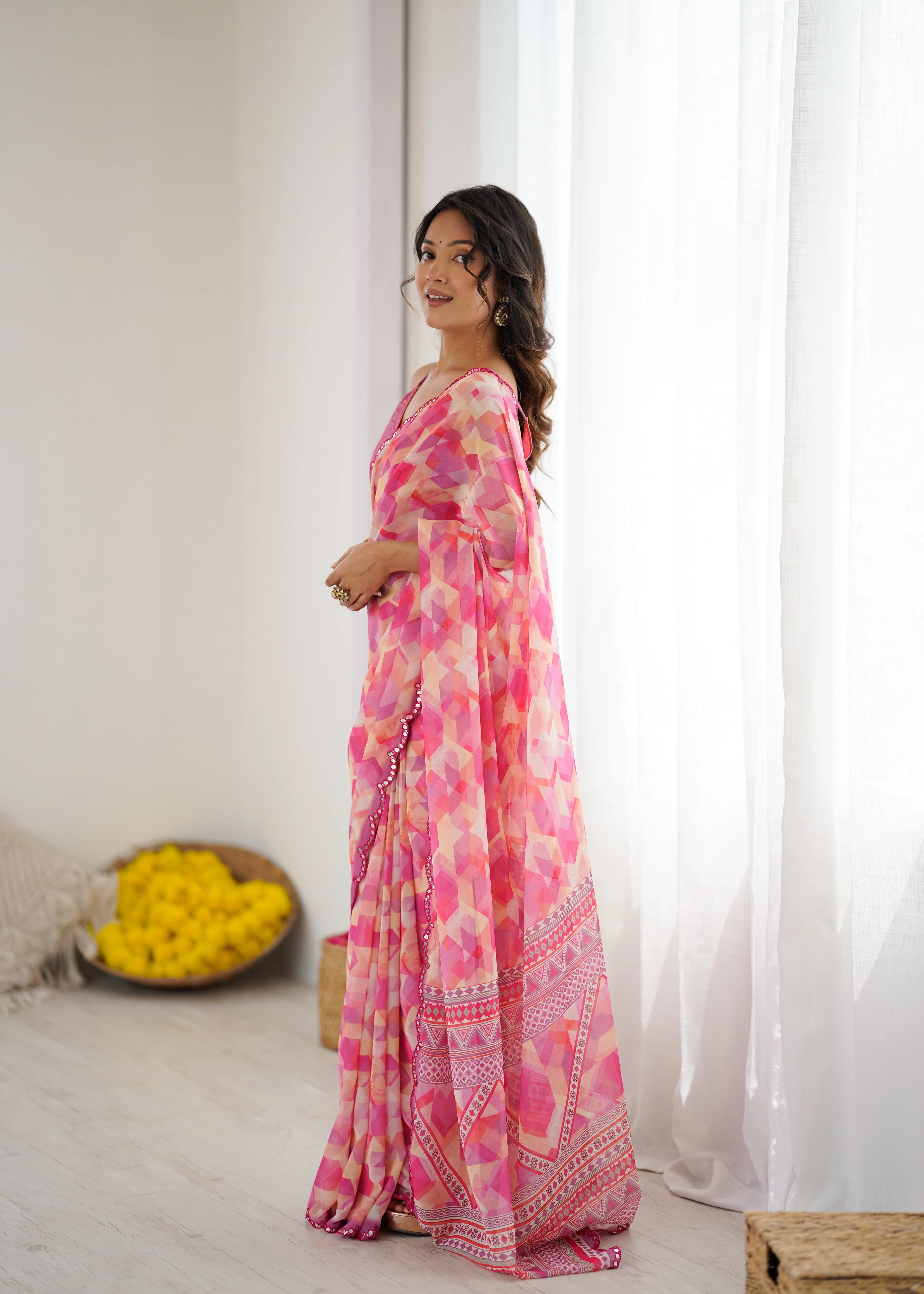 SHYAMIKA Pink Digital Printed Georgette Saree with Mirror Work & Blouse