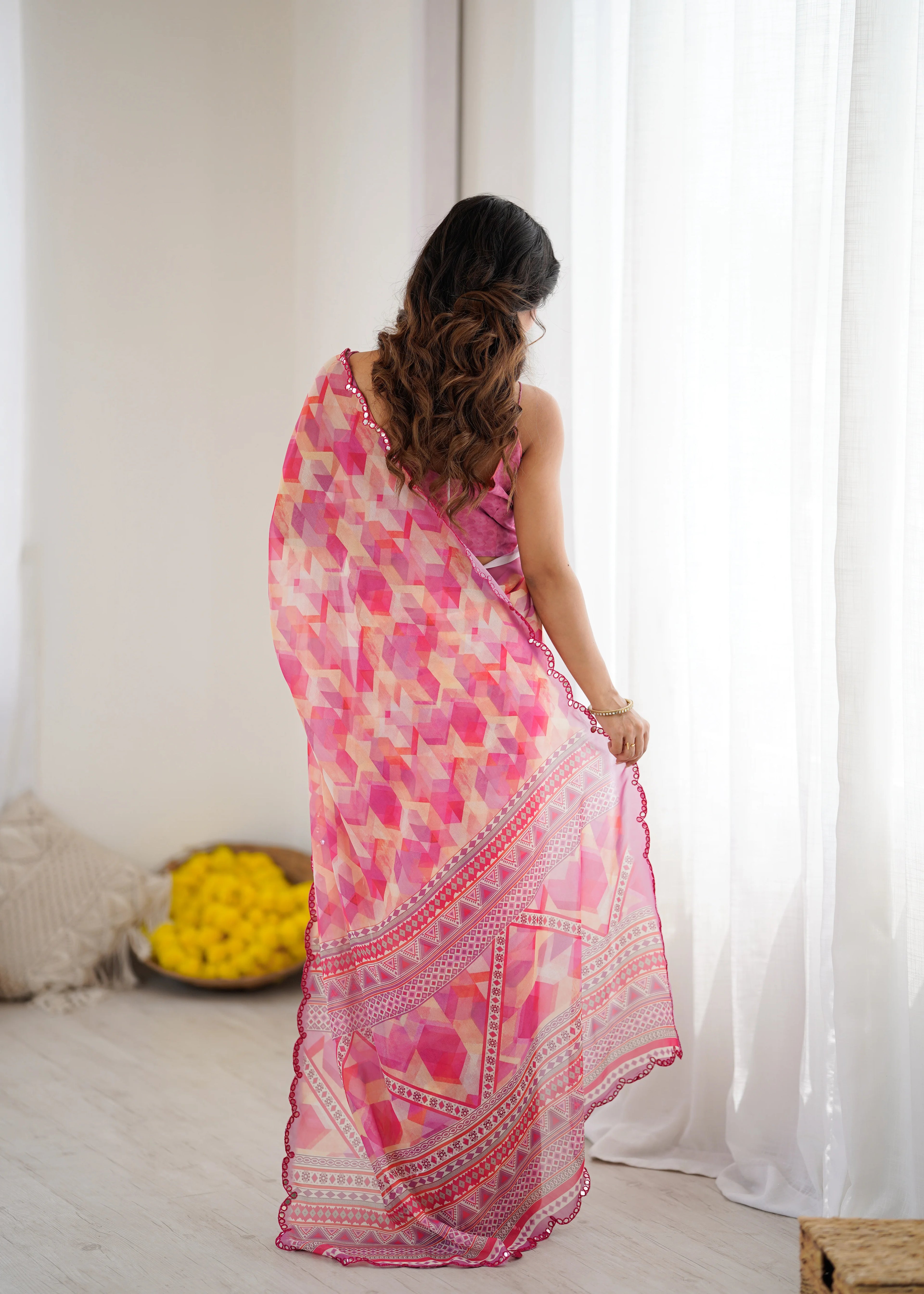 SHYAMIKA Pink Digital Printed Georgette Saree with Mirror Work & Blouse