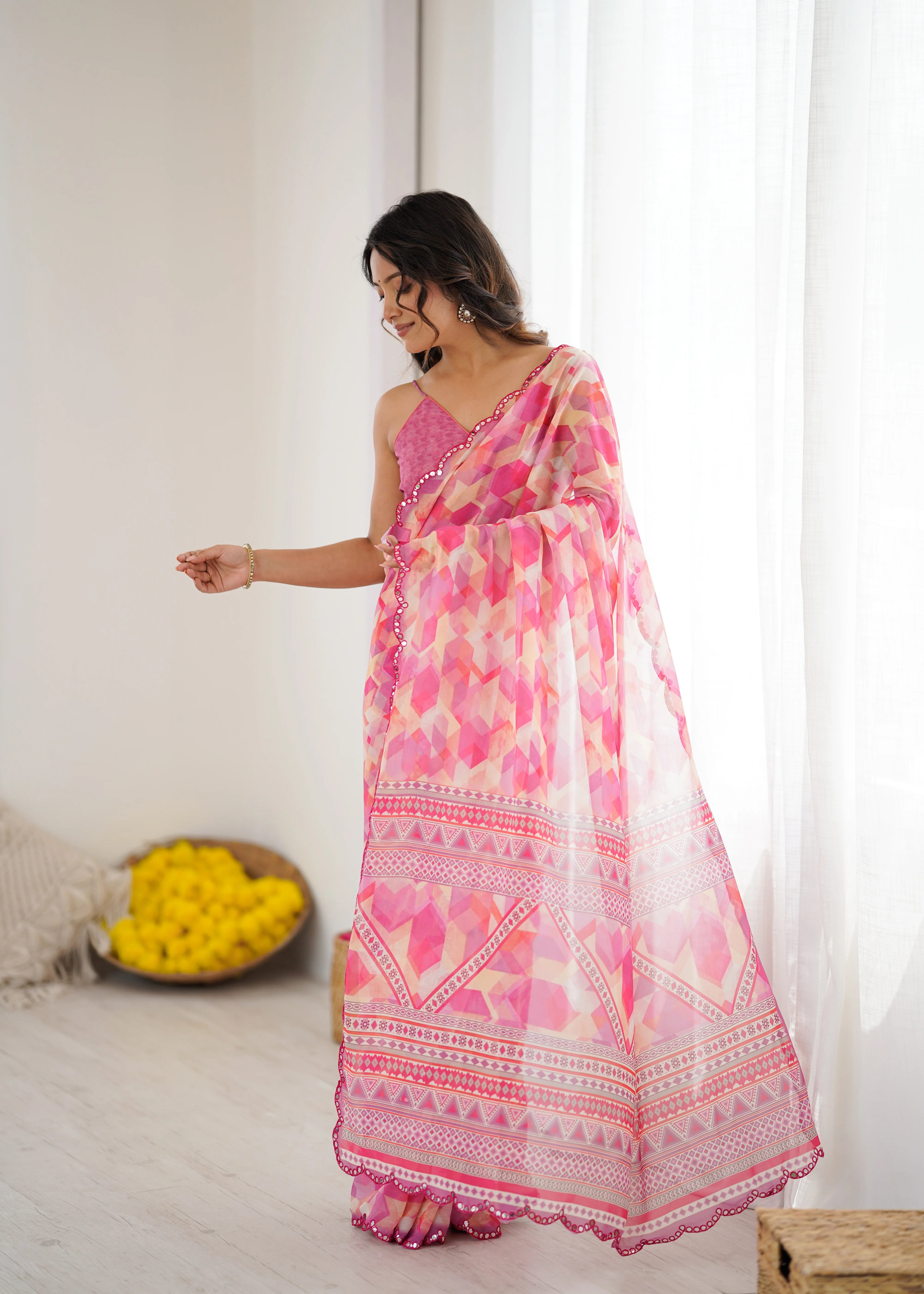 SHYAMIKA Pink Digital Printed Georgette Saree with Mirror Work & Blouse