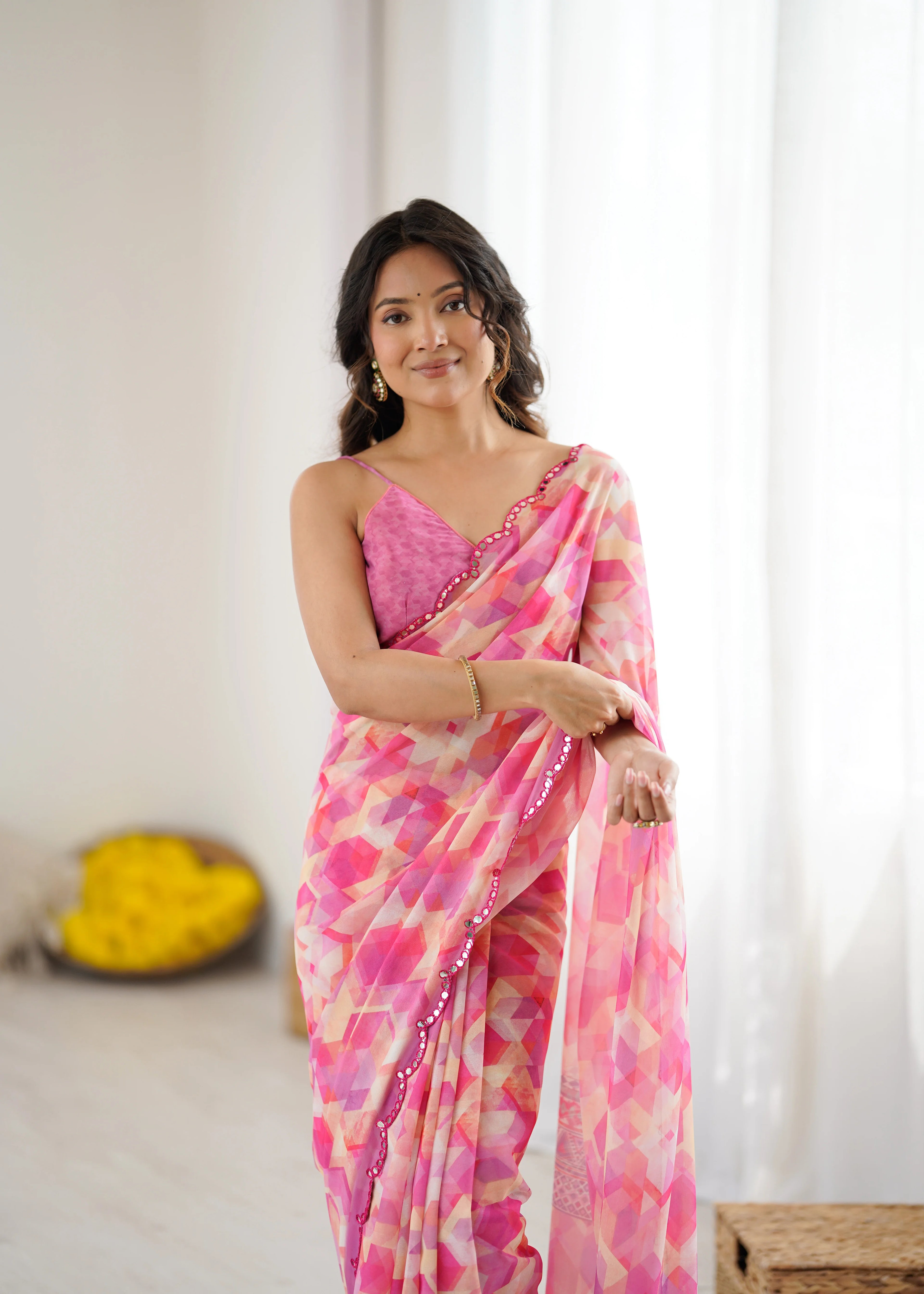 SHYAMIKA Pink Digital Printed Georgette Saree with Mirror Work & Blouse