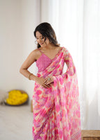 SHYAMIKA Pink Digital Printed Georgette Saree with Mirror Work & Blouse