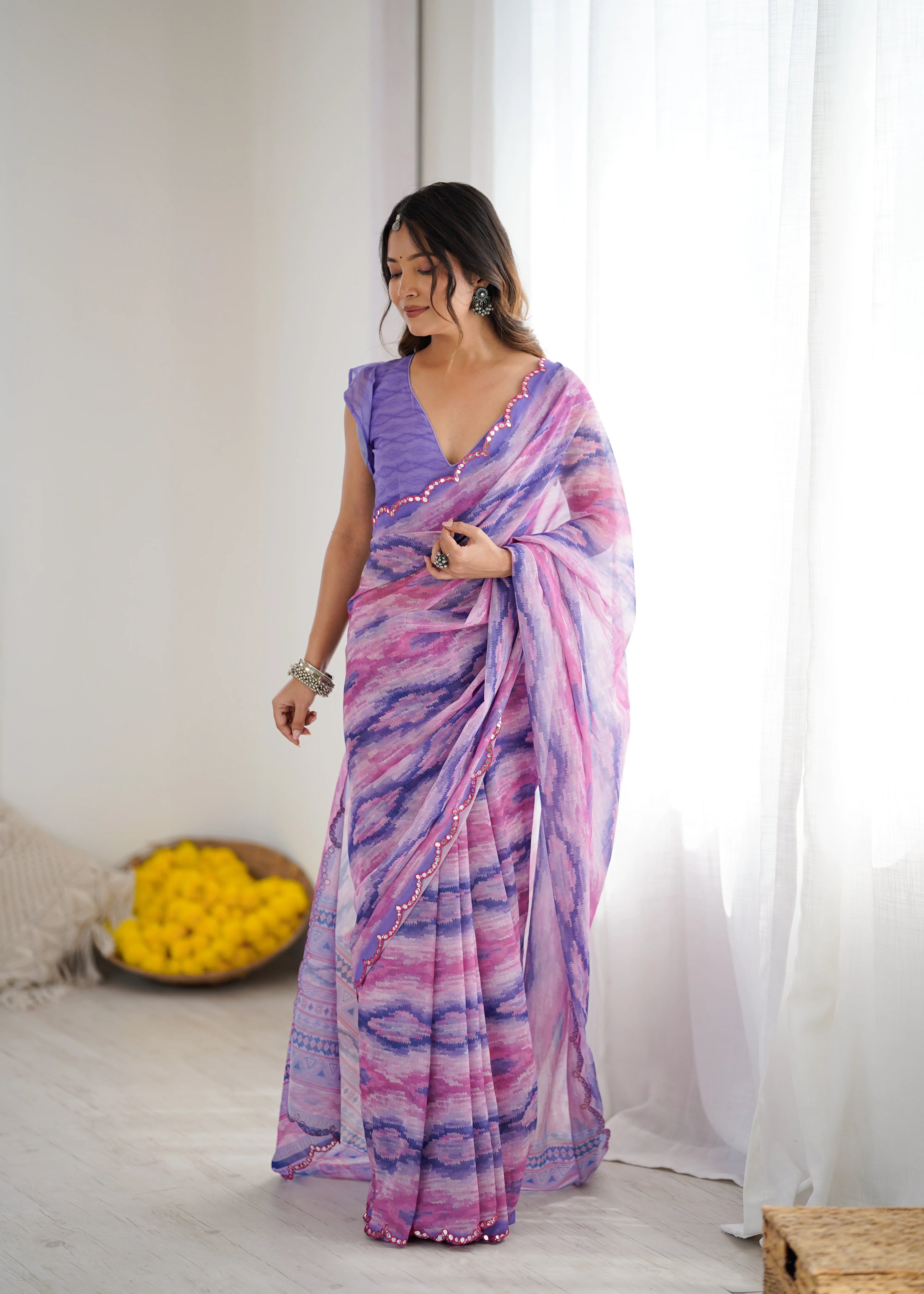 SHYAMIKA Purple Digital Printed Georgette Saree with Mirror Work & Blouse