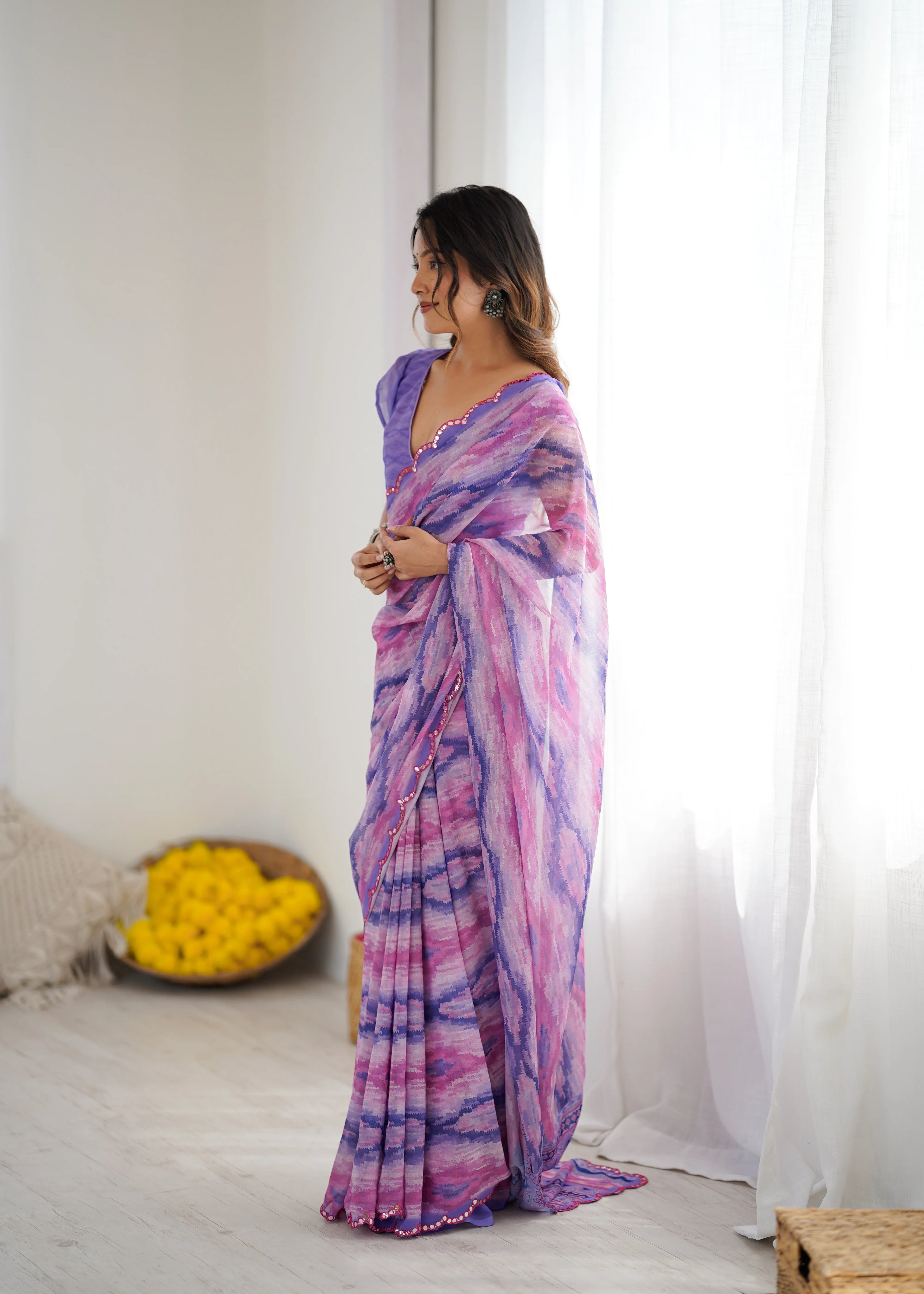 SHYAMIKA Purple Digital Printed Georgette Saree with Mirror Work & Blouse