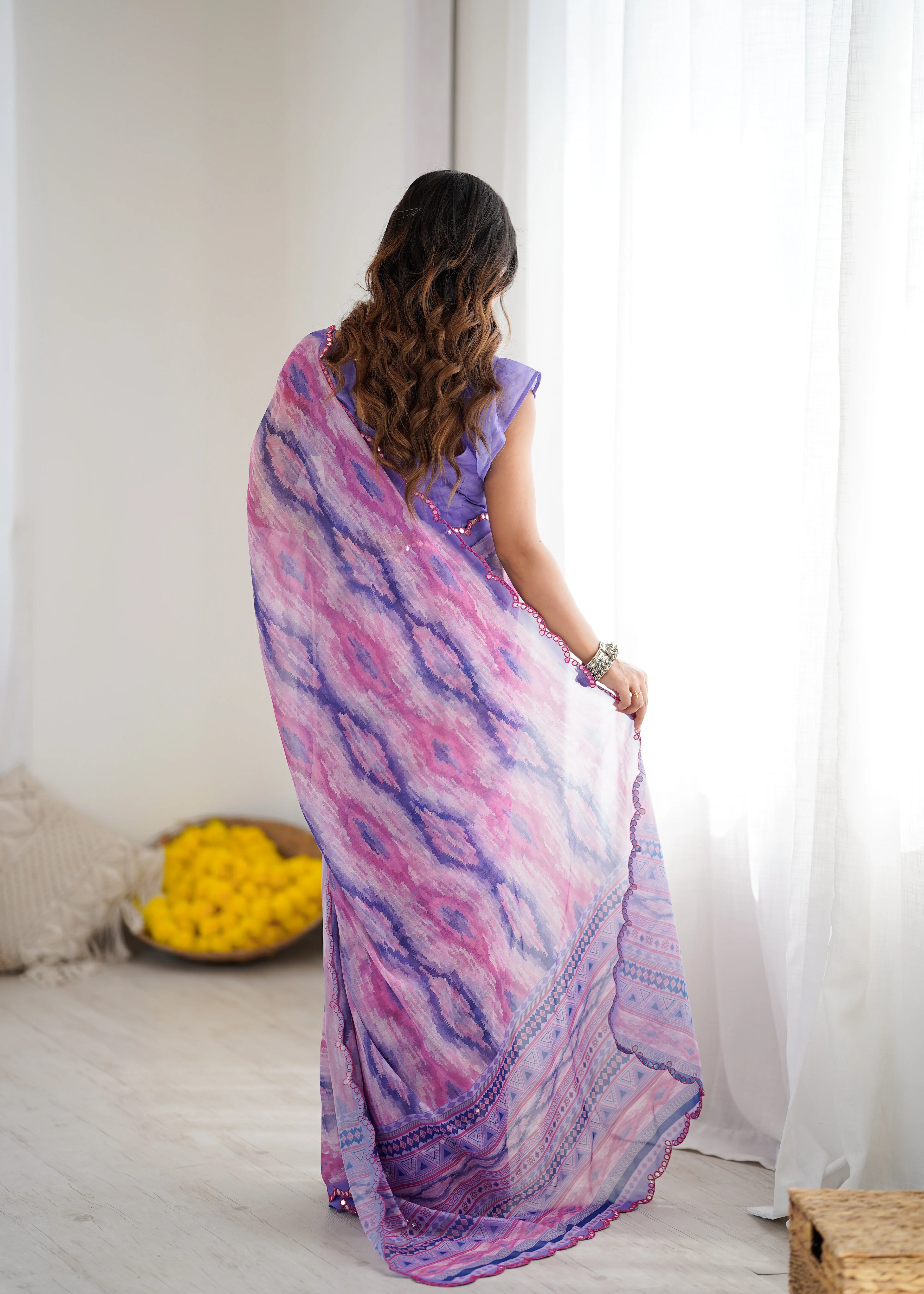 SHYAMIKA Purple Digital Printed Georgette Saree with Mirror Work & Blouse