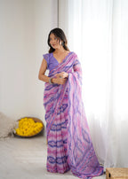 SHYAMIKA Purple Digital Printed Georgette Saree with Mirror Work & Blouse