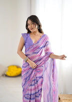 SHYAMIKA Purple Digital Printed Georgette Saree with Mirror Work & Blouse
