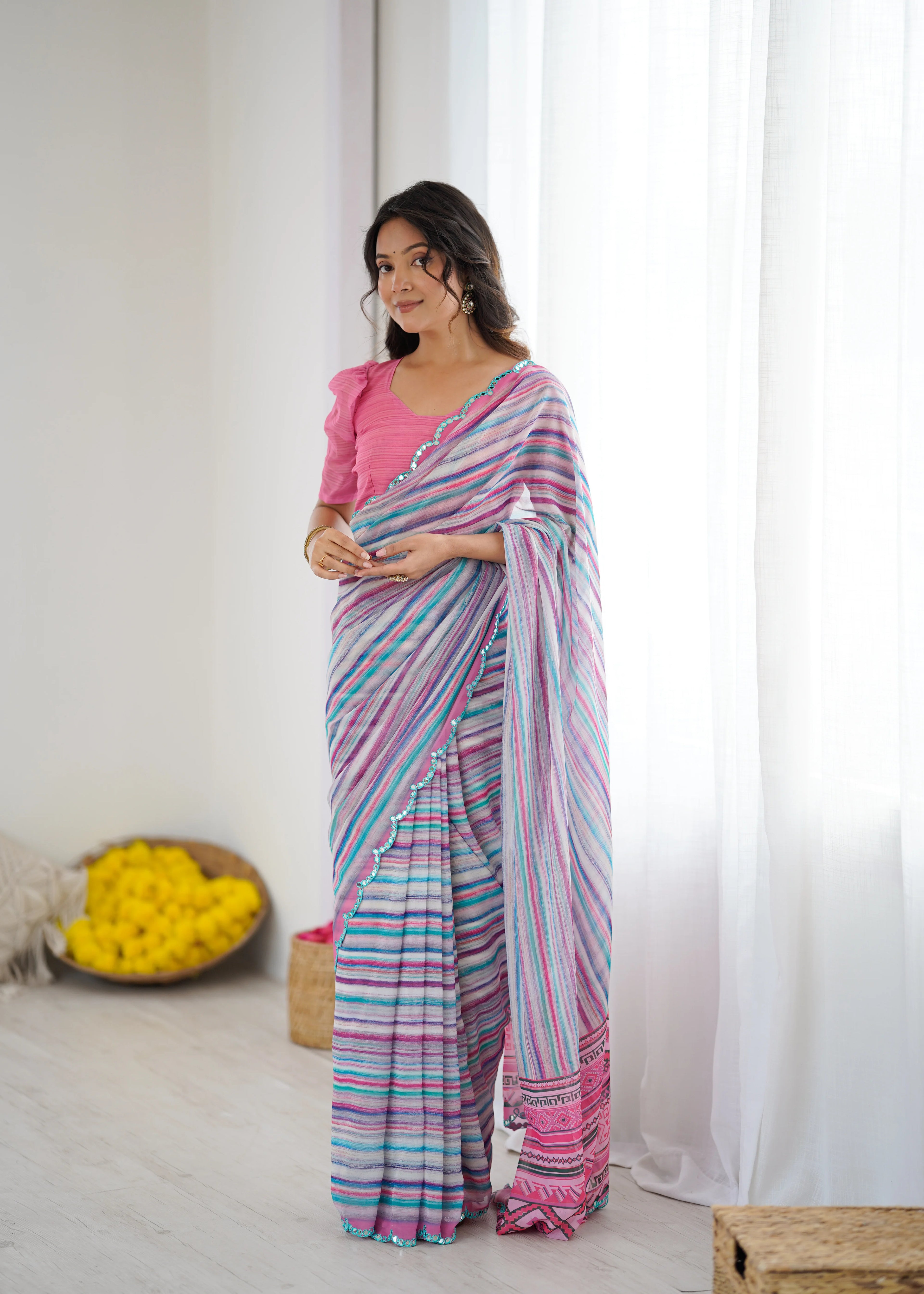 SHYAMIKA Sky Blue Digital Printed Georgette Saree with Mirror Work & Blouse