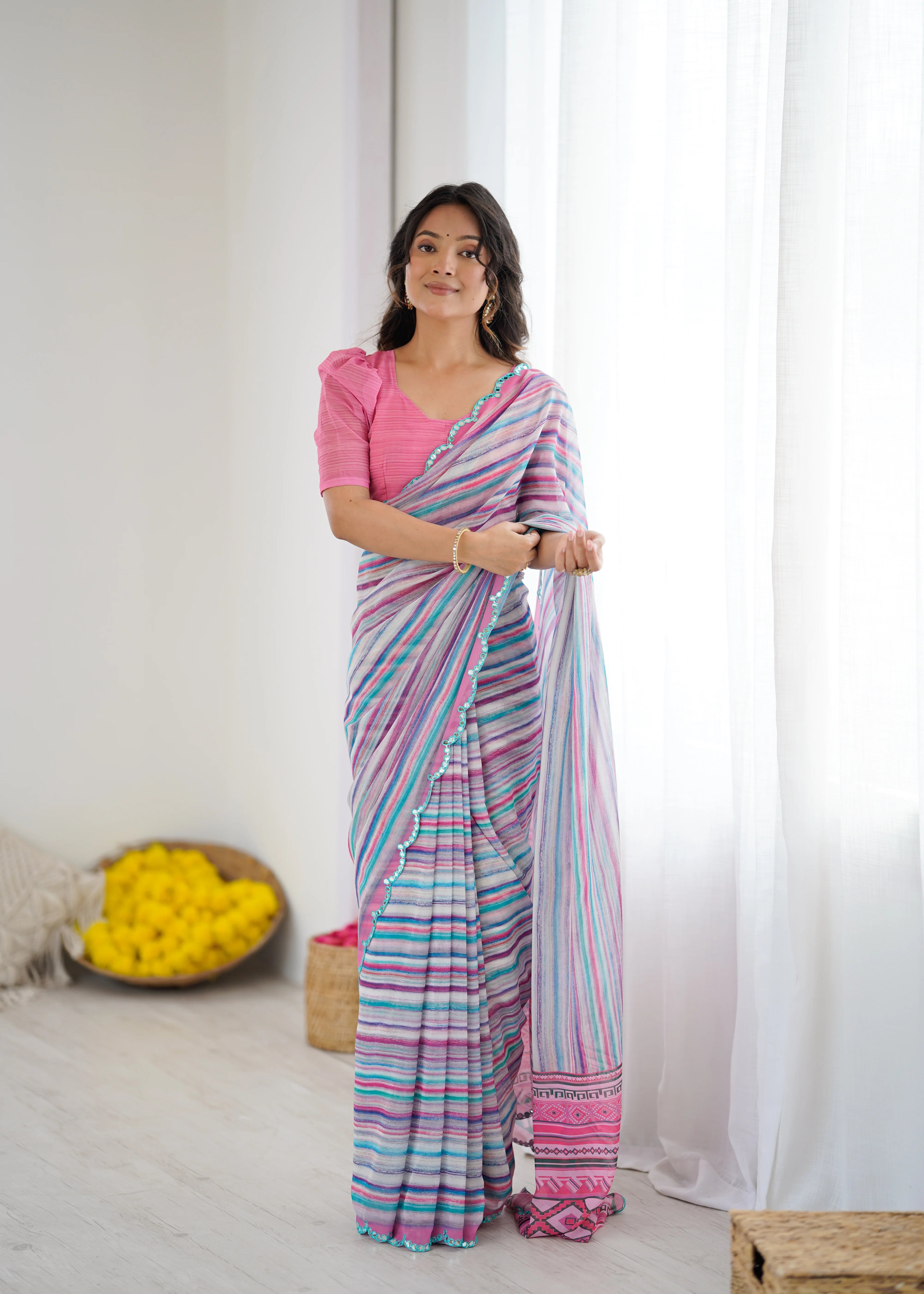 SHYAMIKA Sky Blue Digital Printed Georgette Saree with Mirror Work & Blouse