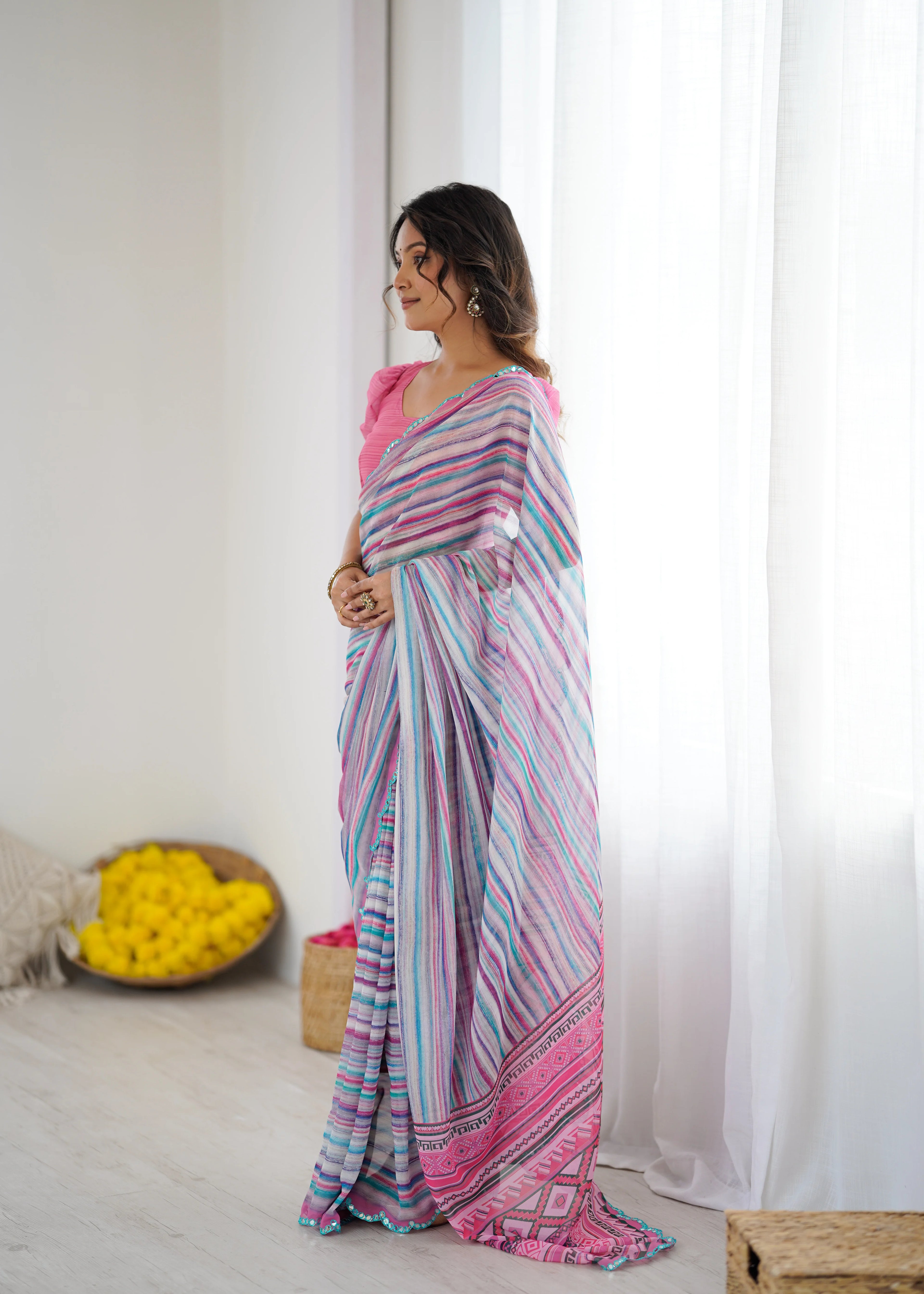 SHYAMIKA Sky Blue Digital Printed Georgette Saree with Mirror Work & Blouse
