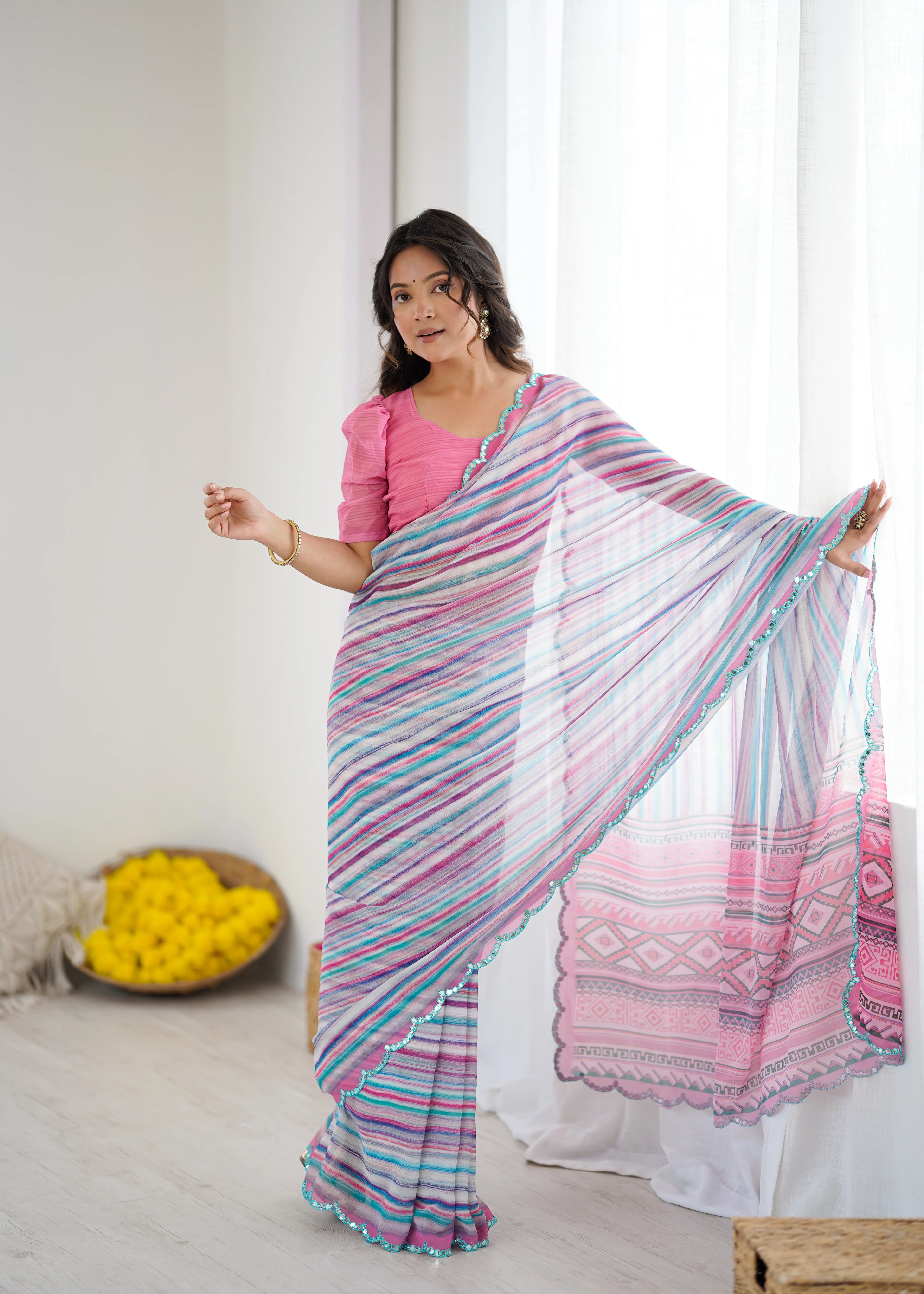SHYAMIKA Sky Blue Digital Printed Georgette Saree with Mirror Work & Blouse