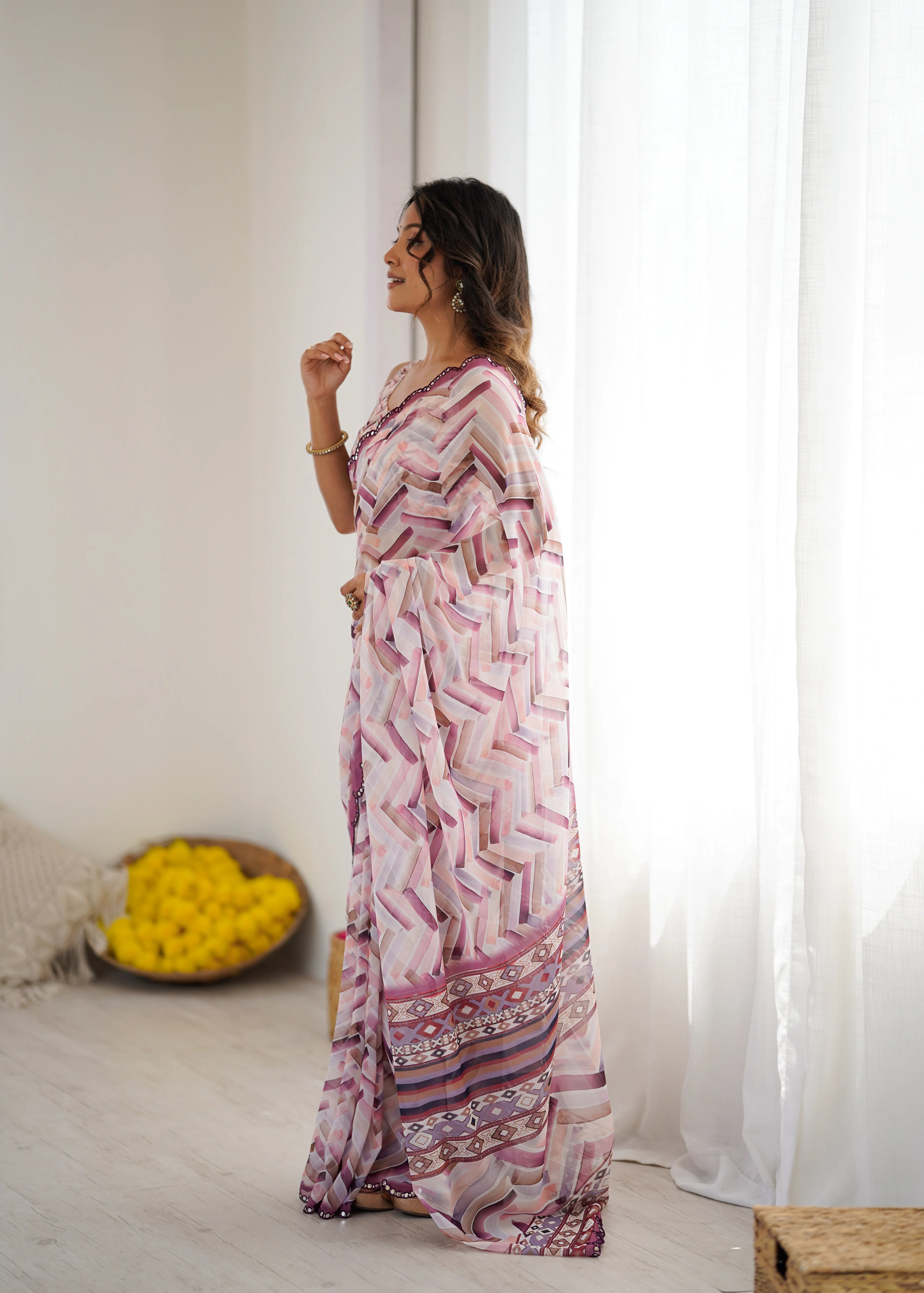 SHYAMIKA White Digital Printed Georgette Saree with Mirror Work & Blouse