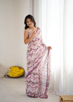 SHYAMIKA White Digital Printed Georgette Saree with Mirror Work & Blouse