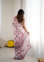 SHYAMIKA White Digital Printed Georgette Saree with Mirror Work & Blouse