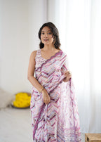 SHYAMIKA White Digital Printed Georgette Saree with Mirror Work & Blouse