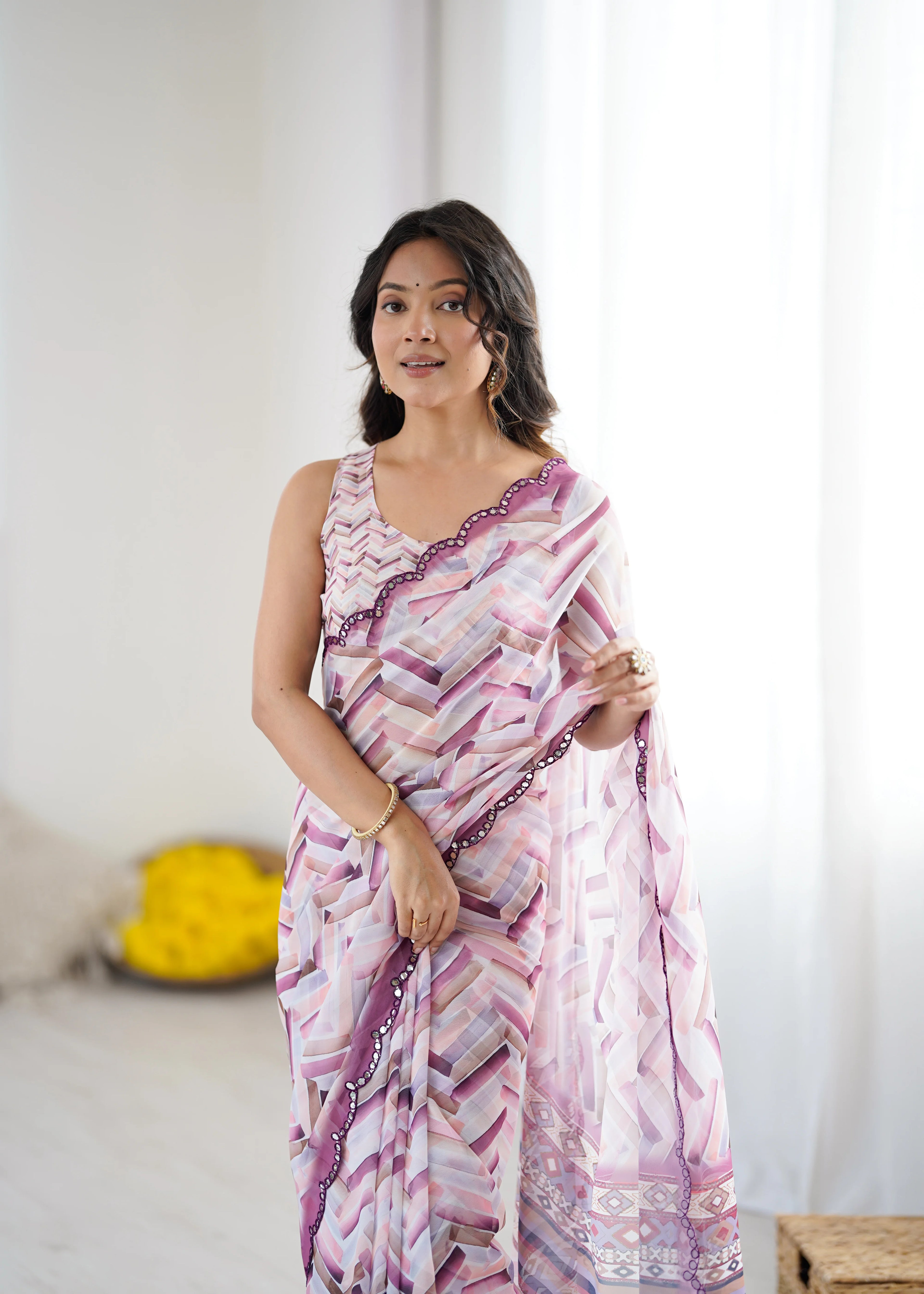 SHYAMIKA White Digital Printed Georgette Saree with Mirror Work & Blouse