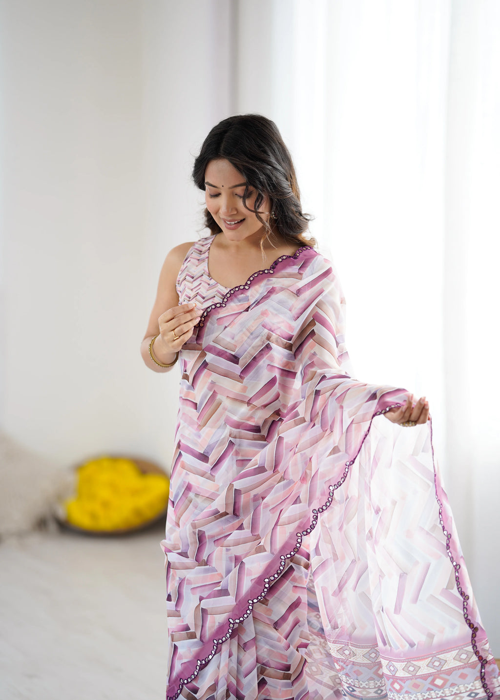 SHYAMIKA White Digital Printed Georgette Saree with Mirror Work & Blouse