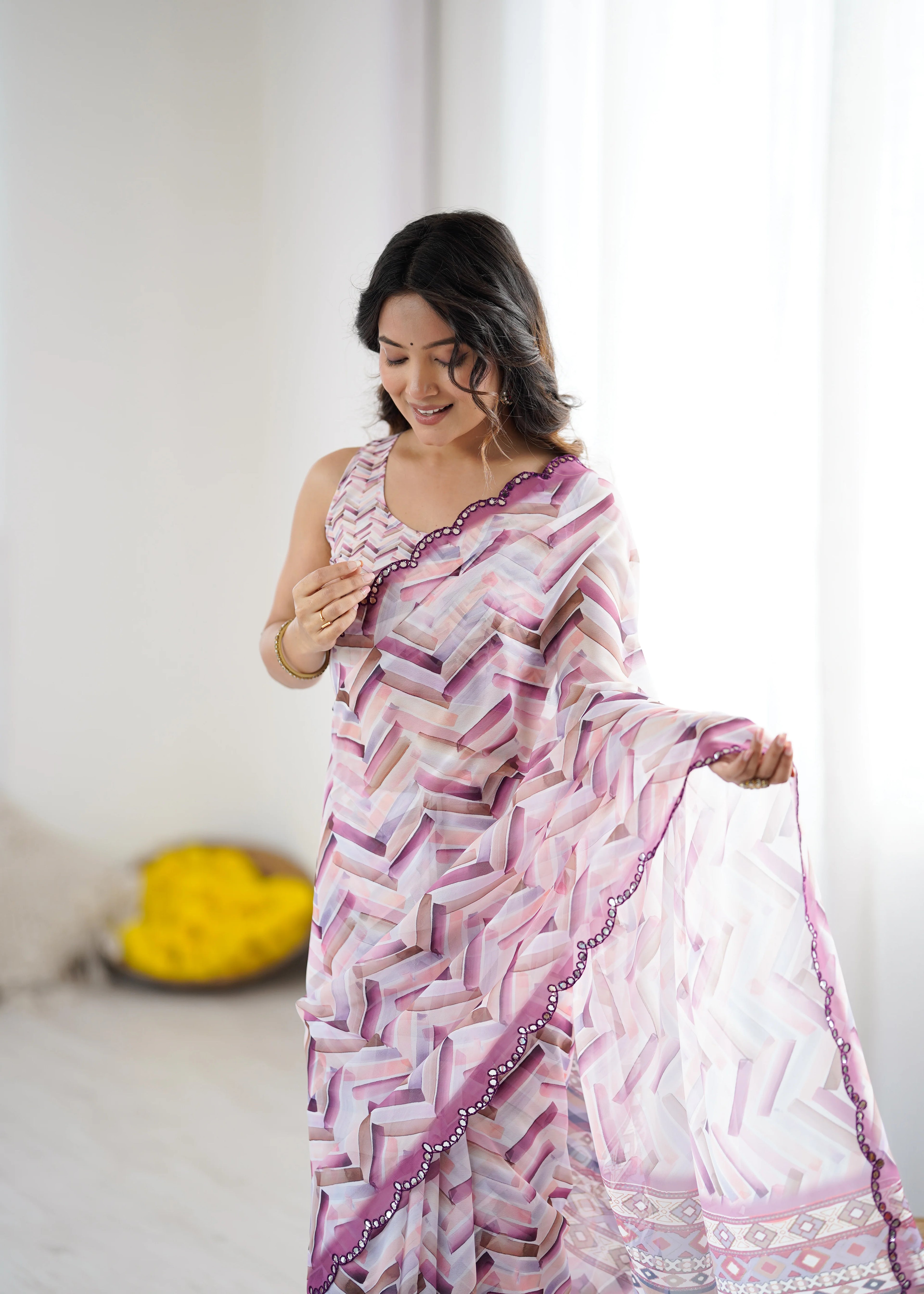 SHYAMIKA White Digital Printed Georgette Saree with Mirror Work & Blouse