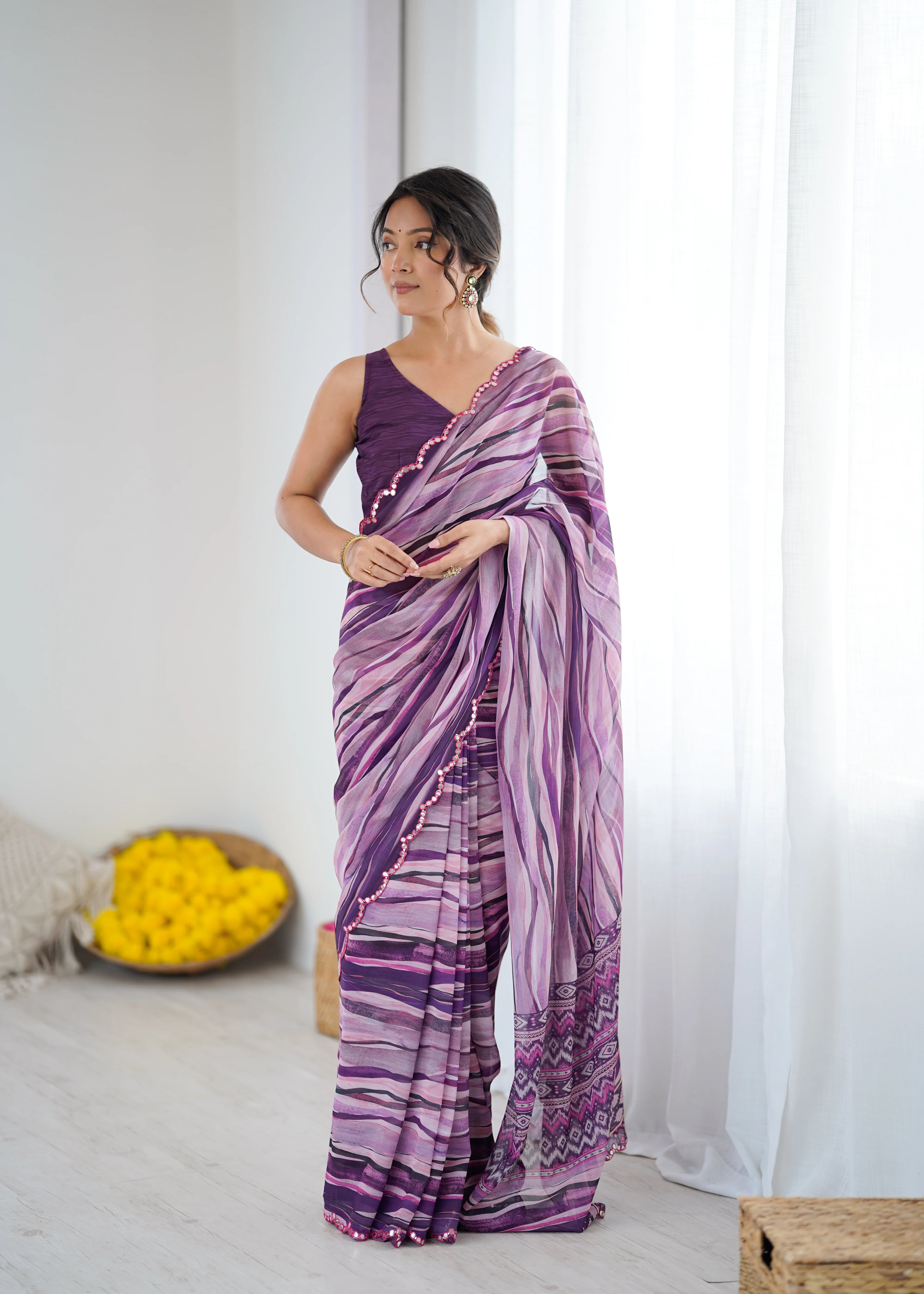 SHYAMIKA Wine Digital Printed Georgette Saree with Mirror Work & Blouse