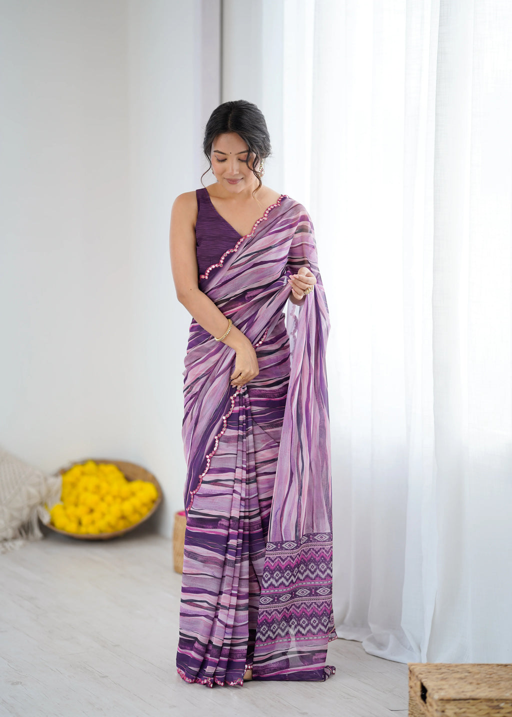 SHYAMIKA Wine Digital Printed Georgette Saree with Mirror Work & Blouse