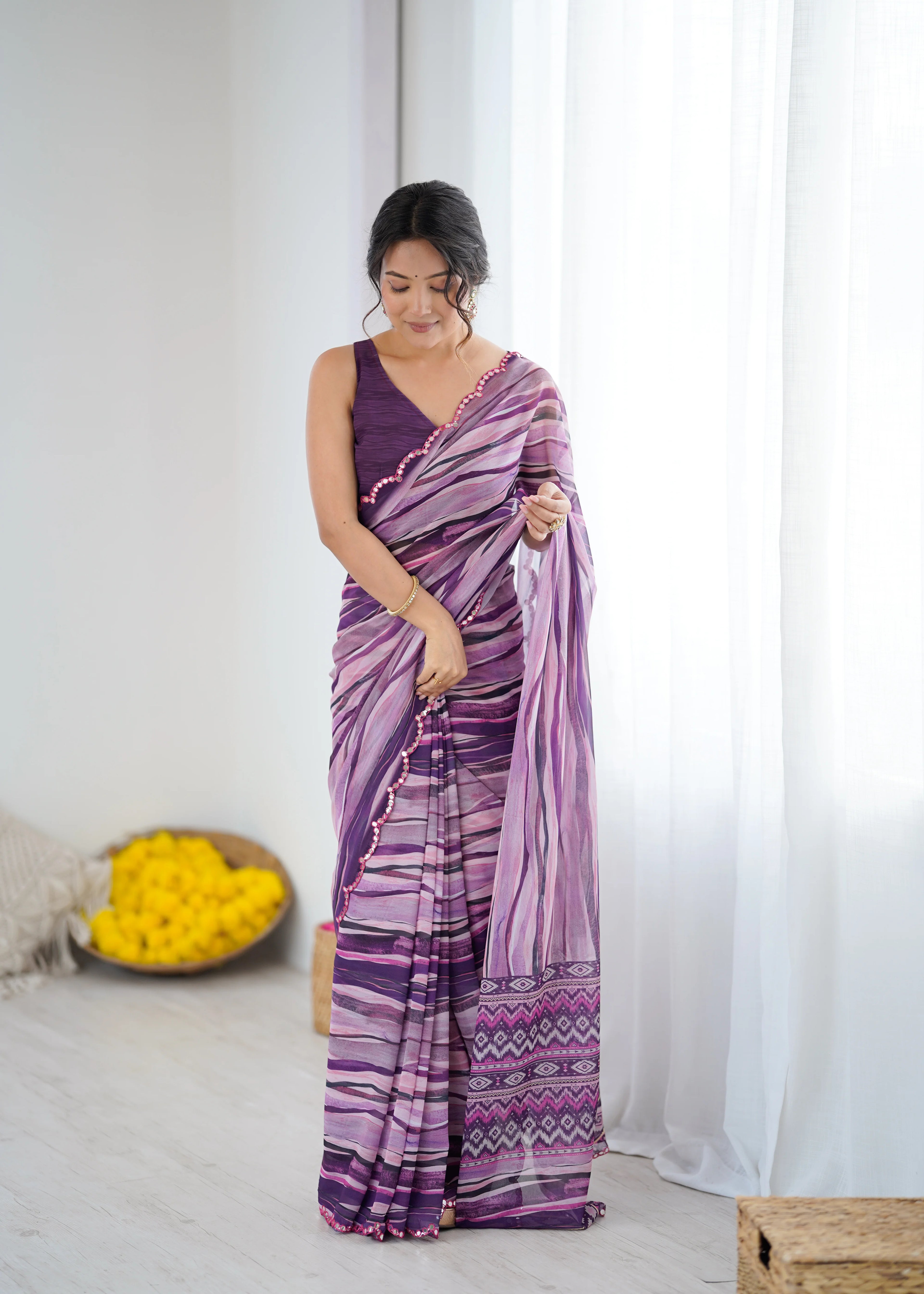 SHYAMIKA Wine Digital Printed Georgette Saree with Mirror Work & Blouse