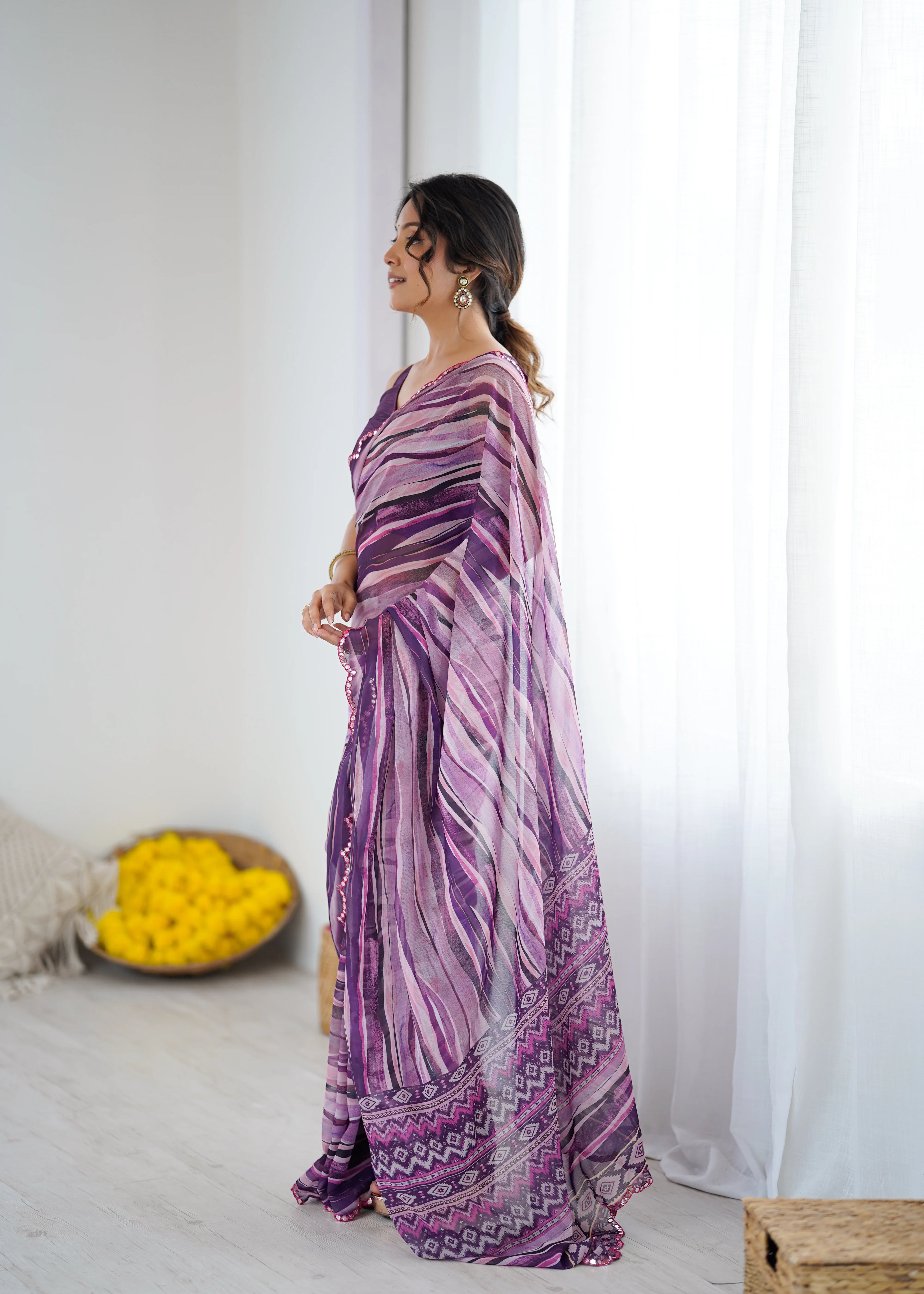SHYAMIKA Wine Digital Printed Georgette Saree with Mirror Work & Blouse