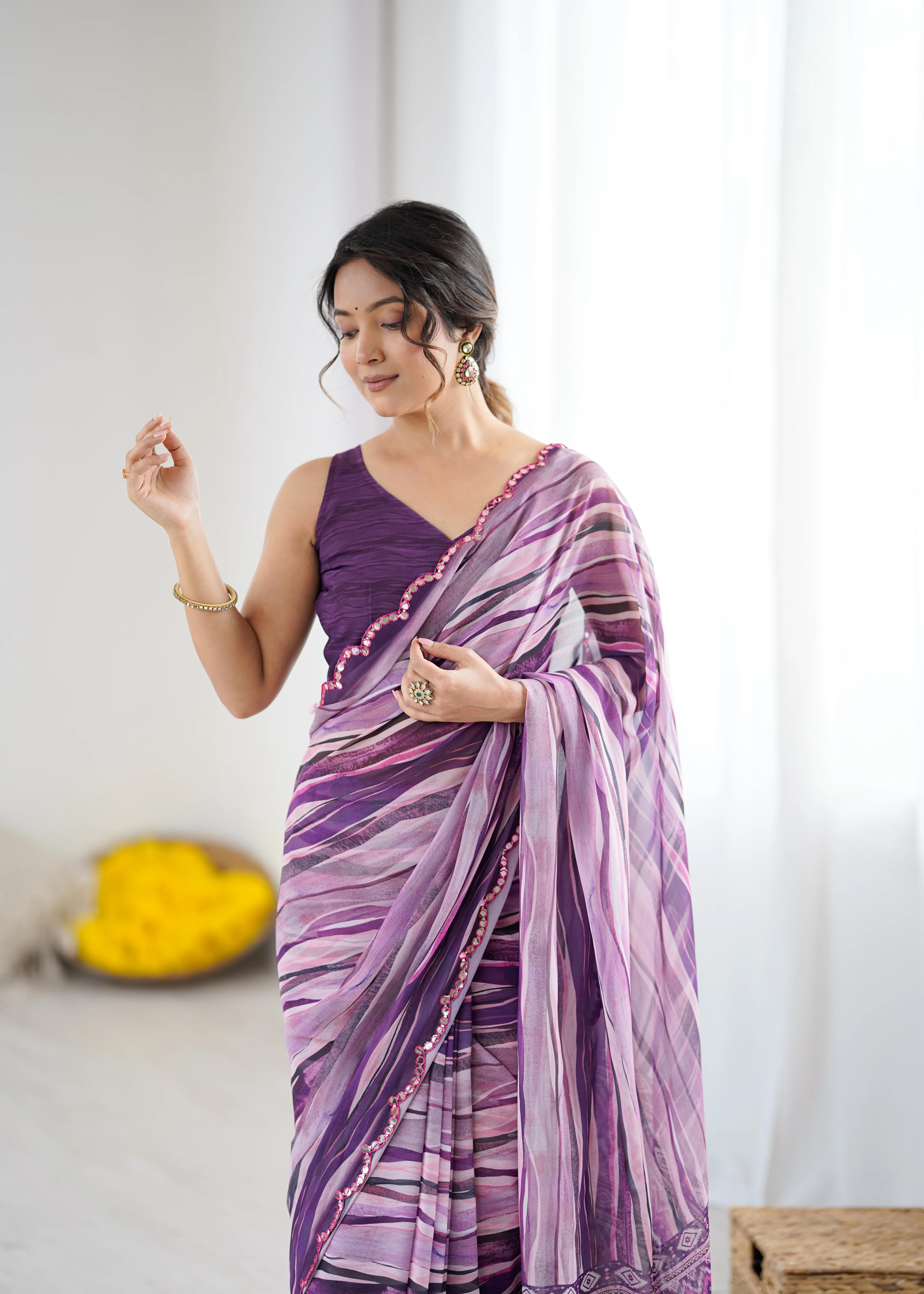 SHYAMIKA Wine Digital Printed Georgette Saree with Mirror Work & Blouse