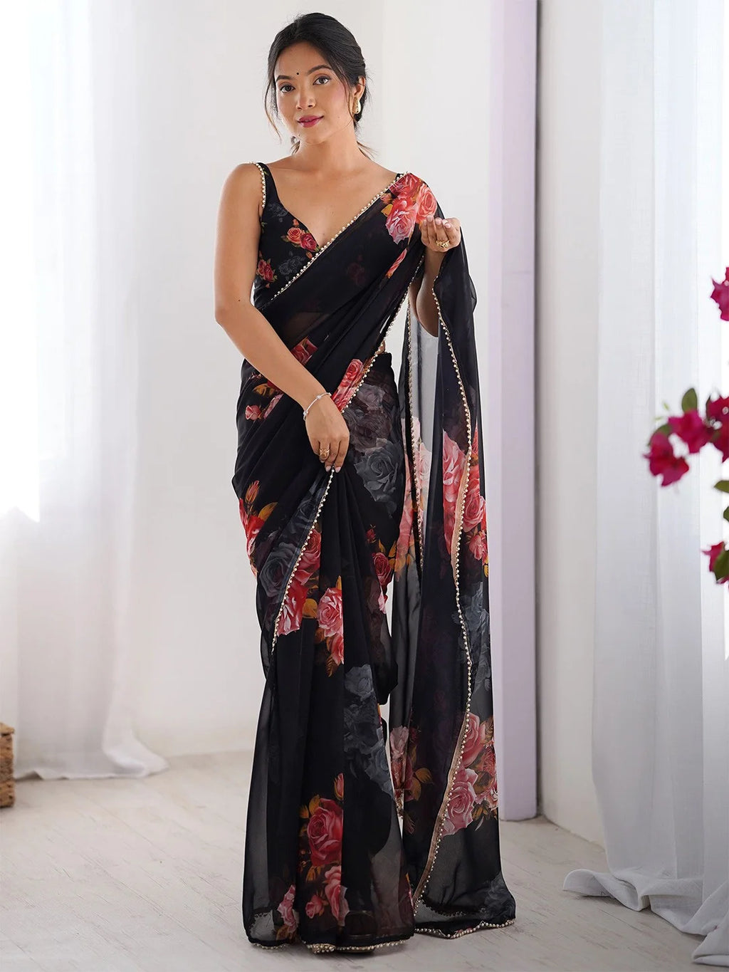 SHYAMIKA Black Digital Flower Printed Georgette Saree with Moti Lace & Blouse