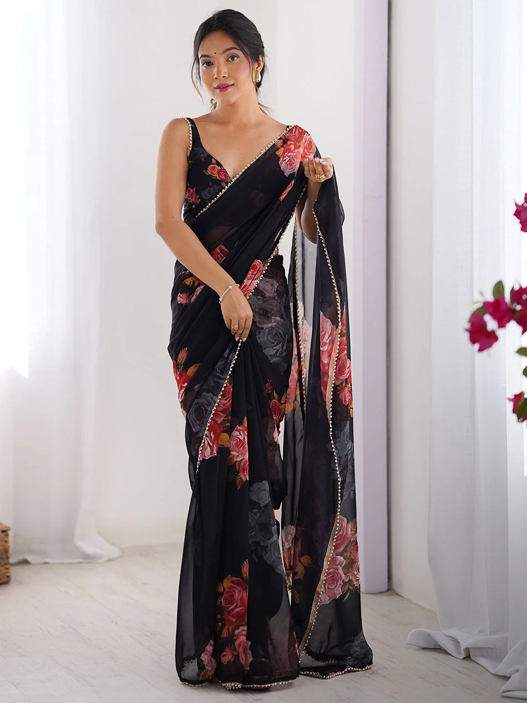 SHYAMIKA Black Digital Flower Printed Georgette Saree with Moti Lace & Blouse