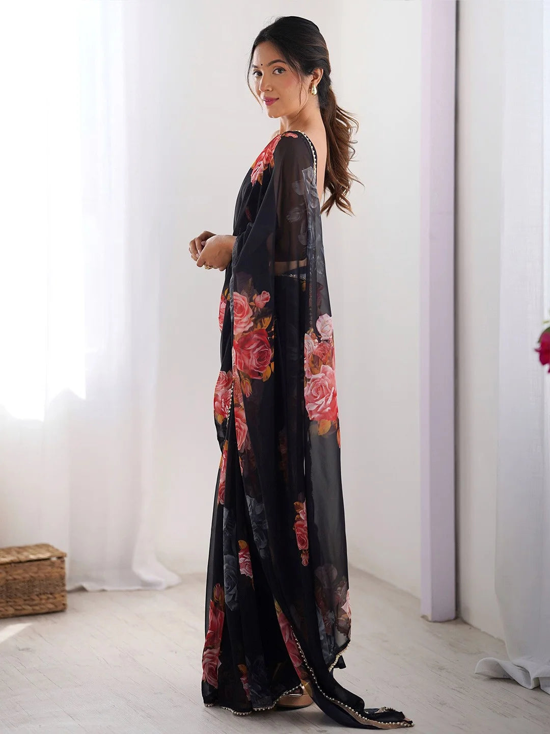 SHYAMIKA Black Digital Flower Printed Georgette Saree with Moti Lace & Blouse