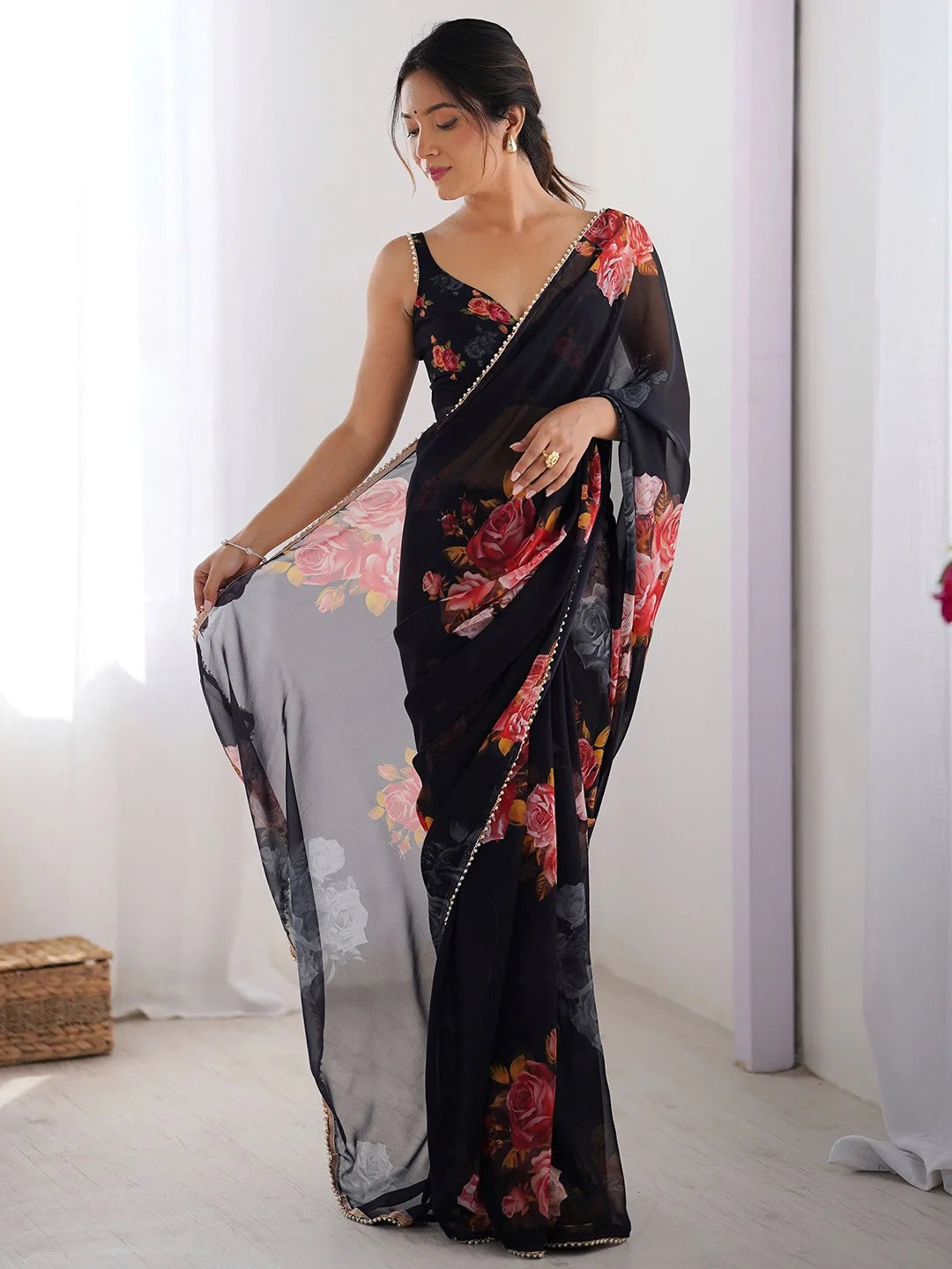 SHYAMIKA Black Digital Flower Printed Georgette Saree with Moti Lace & Blouse