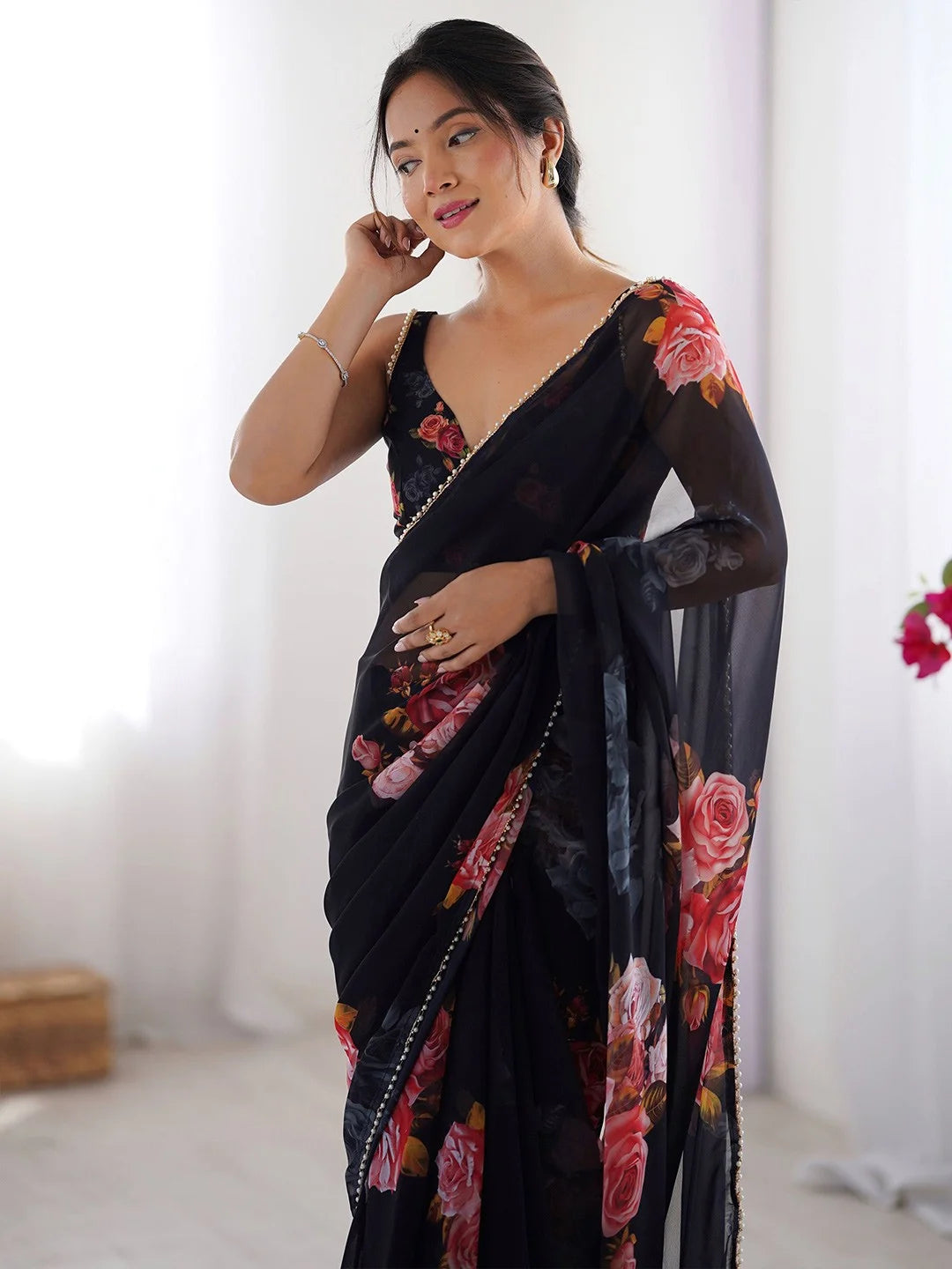 SHYAMIKA Black Digital Flower Printed Georgette Saree with Moti Lace & Blouse