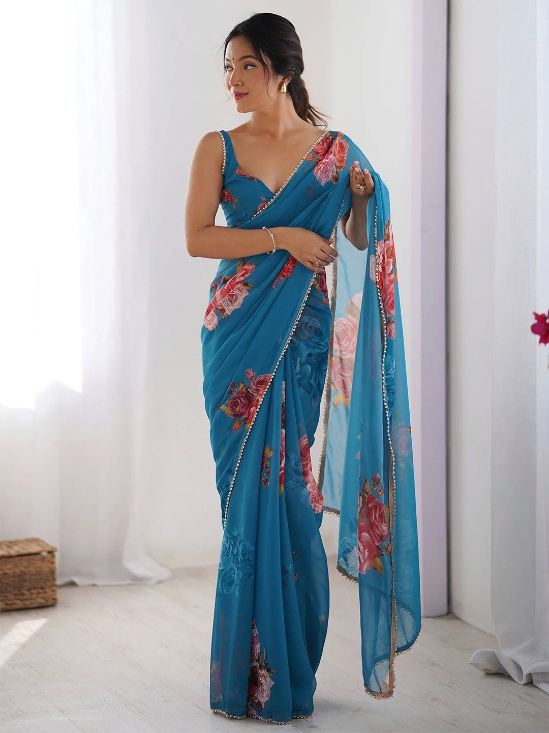 SHYAMIKA Blue Digital Flower Printed Georgette Saree with Moti Lace & Blouse