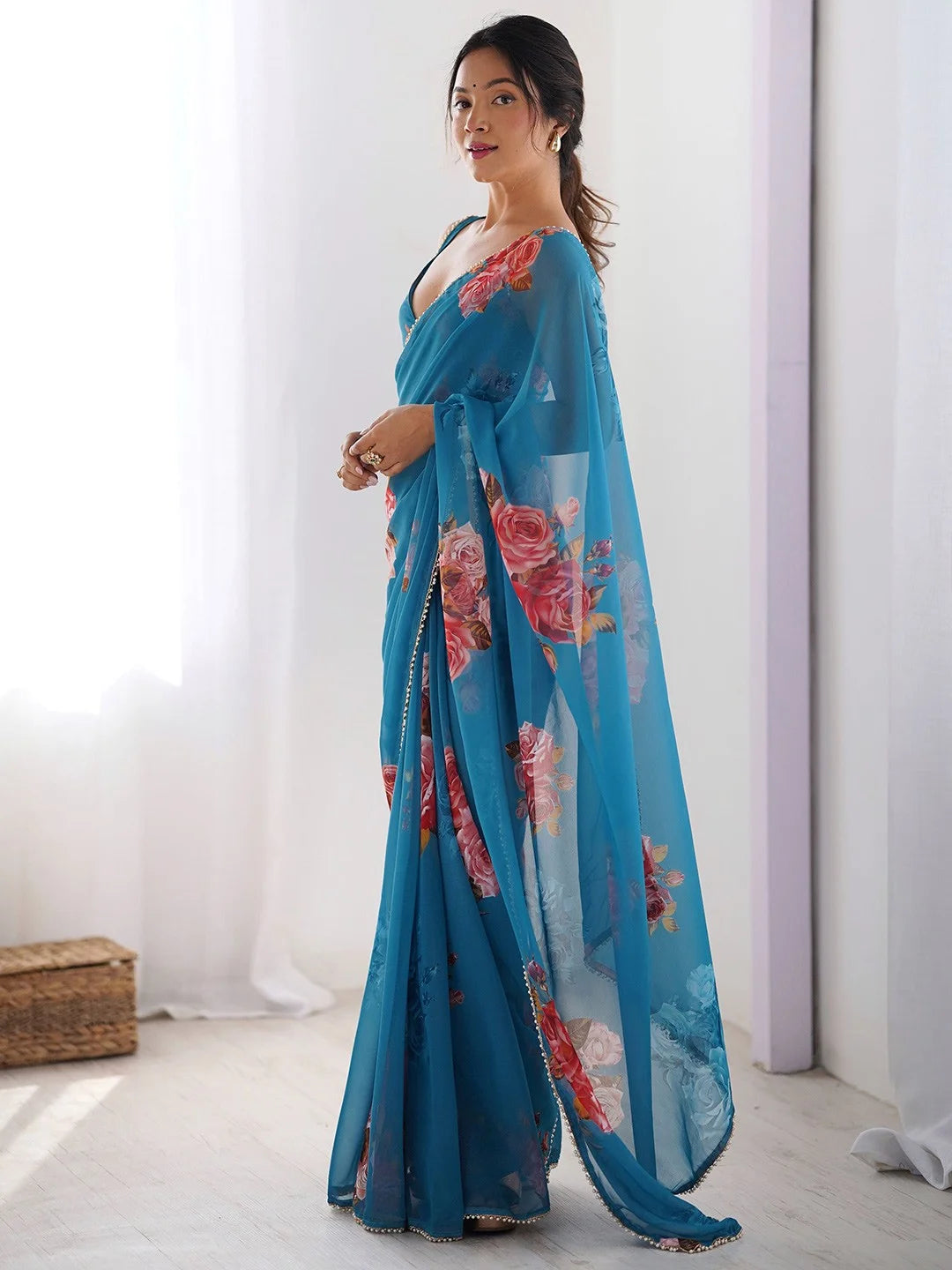 SHYAMIKA Blue Digital Flower Printed Georgette Saree with Moti Lace & Blouse