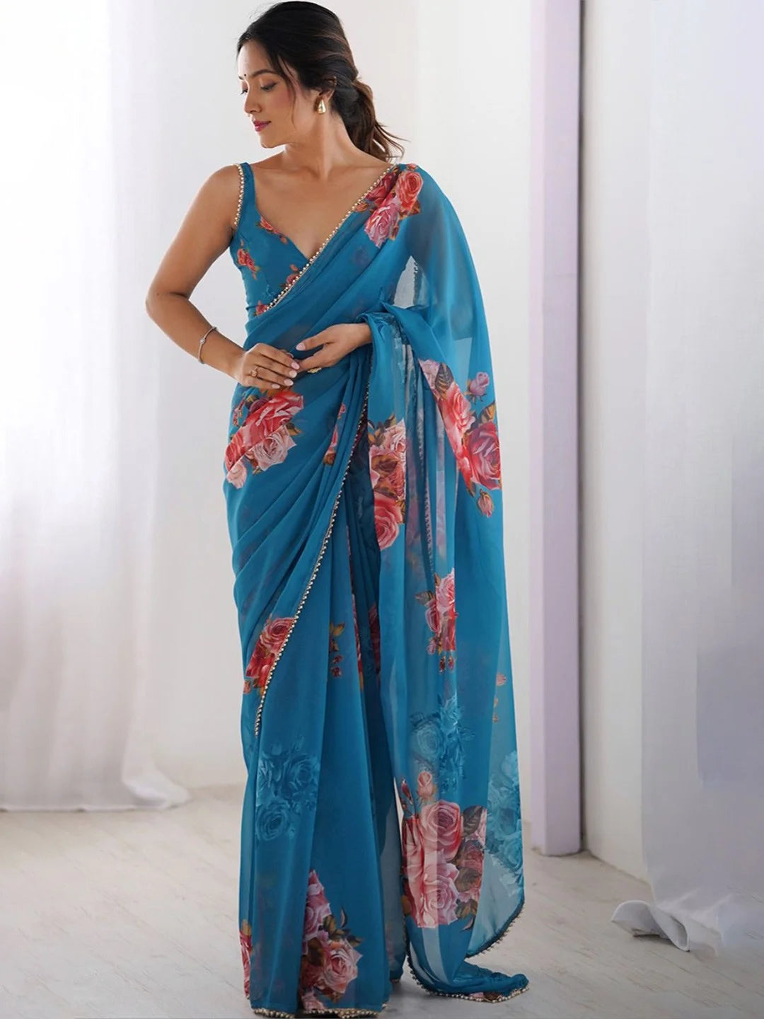 SHYAMIKA Blue Digital Flower Printed Georgette Saree with Moti Lace & Blouse