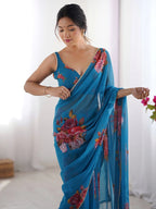 SHYAMIKA Blue Digital Flower Printed Georgette Saree with Moti Lace & Blouse