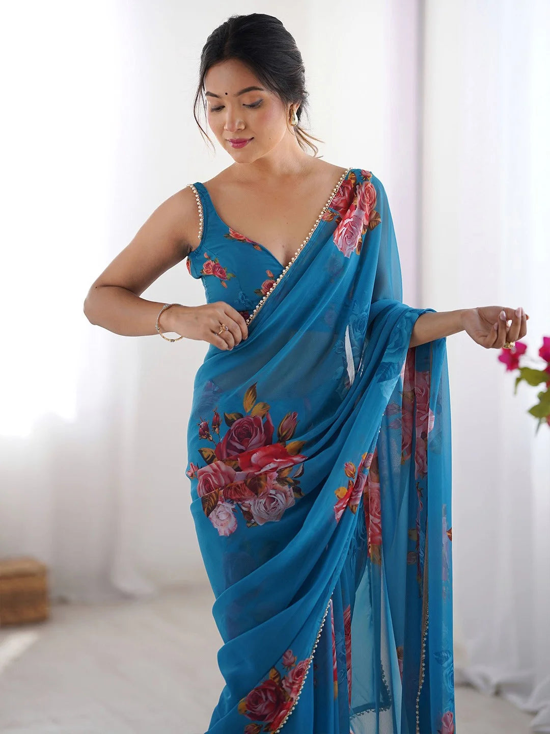 SHYAMIKA Blue Digital Flower Printed Georgette Saree with Moti Lace & Blouse