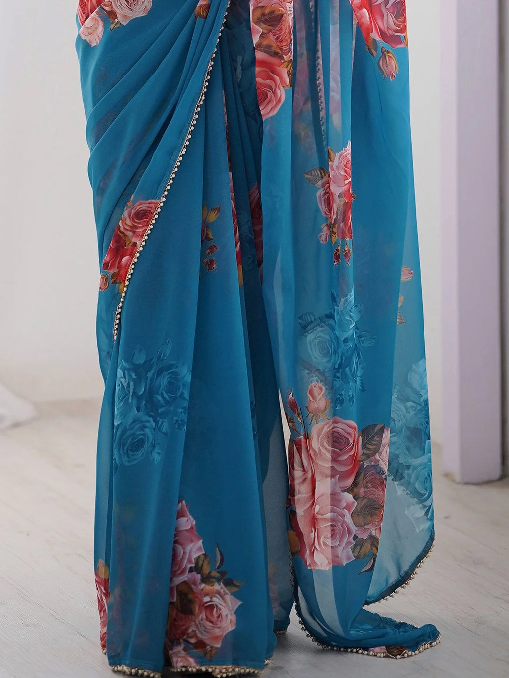 SHYAMIKA Blue Digital Flower Printed Georgette Saree with Moti Lace & Blouse